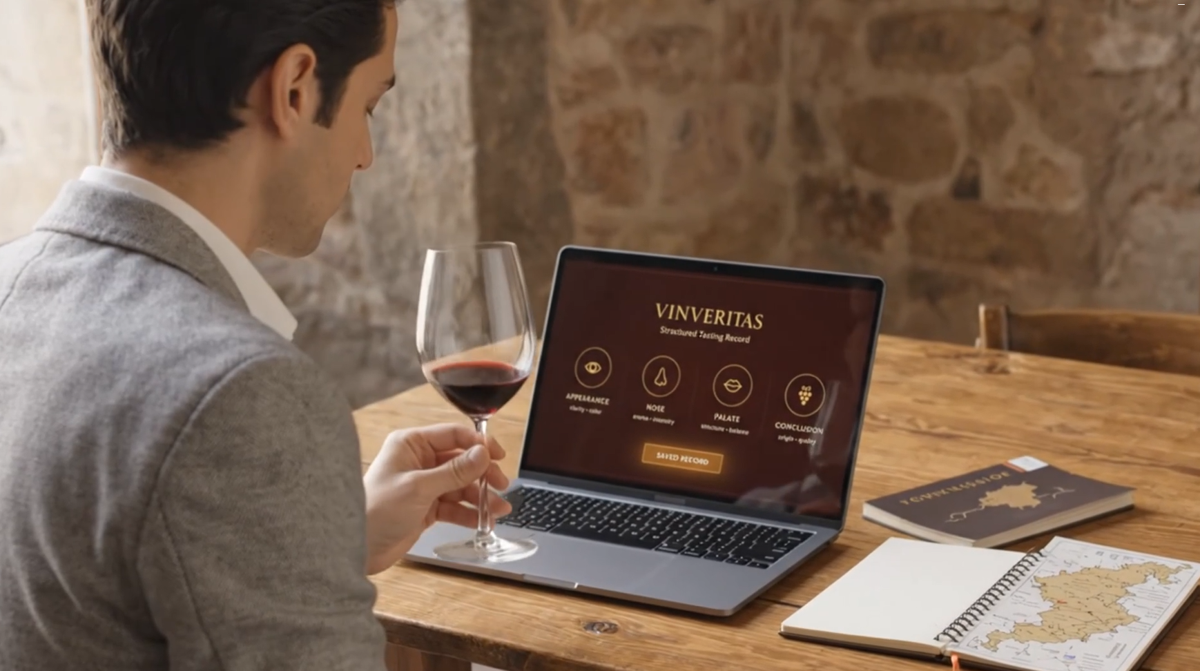 Wine tasting with the VinVeritas digital tasting tool displayed on a laptop.