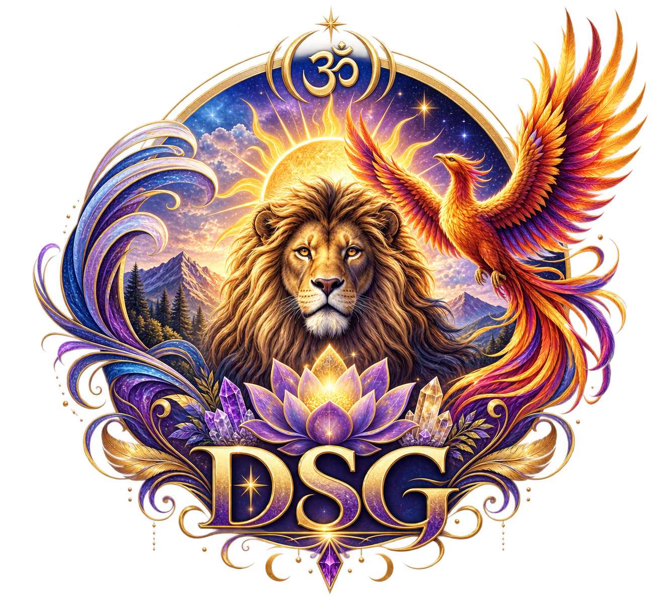 Divine Spiritual Guidance logo featuring a lion and phoenix symbolizing strength and transformation.