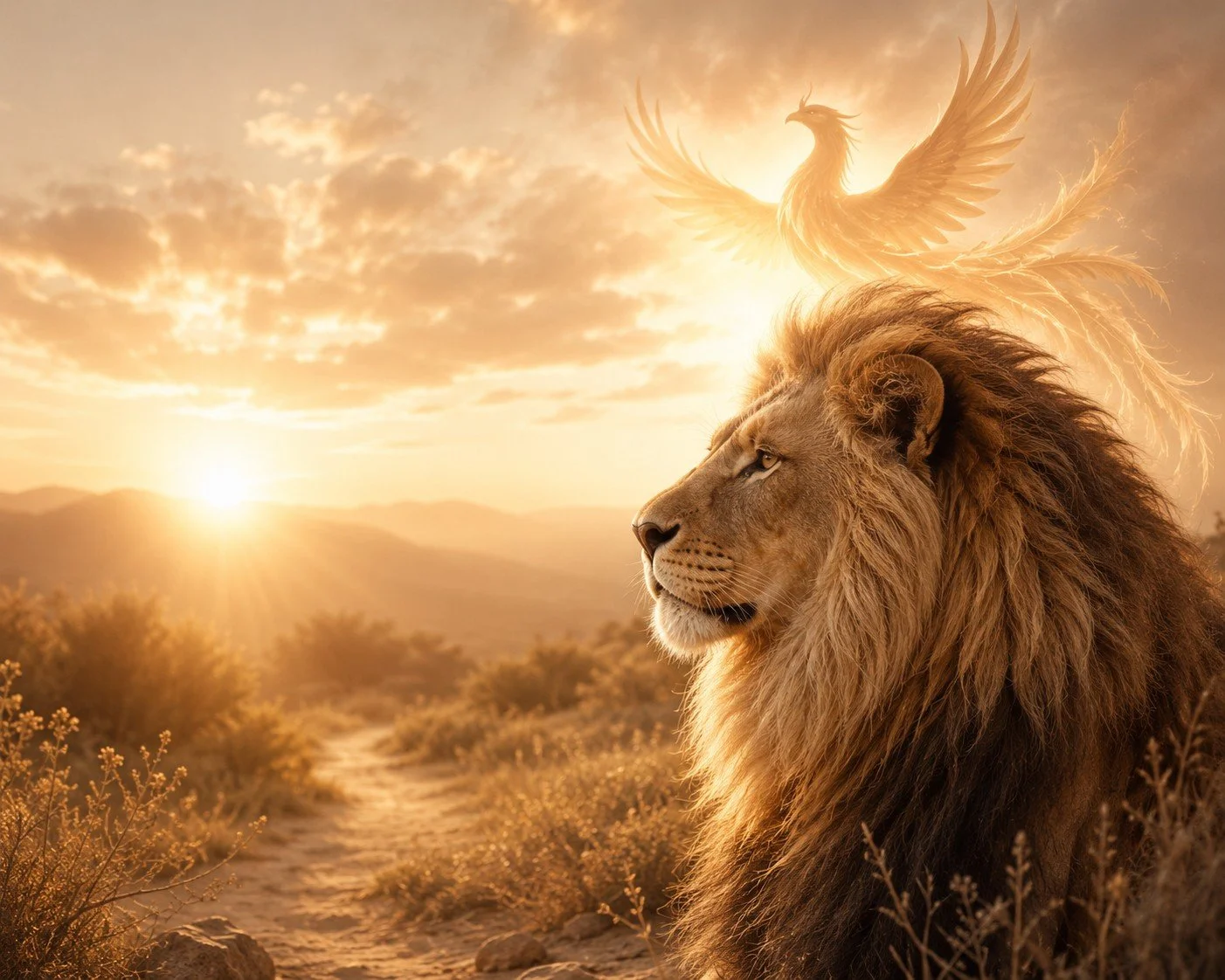 Lion and golden phoenix at sunrise symbolizing strength, transformation, and renewal.