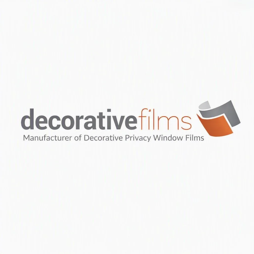 Logo of Decorative Films, a manufacturer of decorative privacy window films, featuring stylized overlapping film rolls in gray and orange colors.