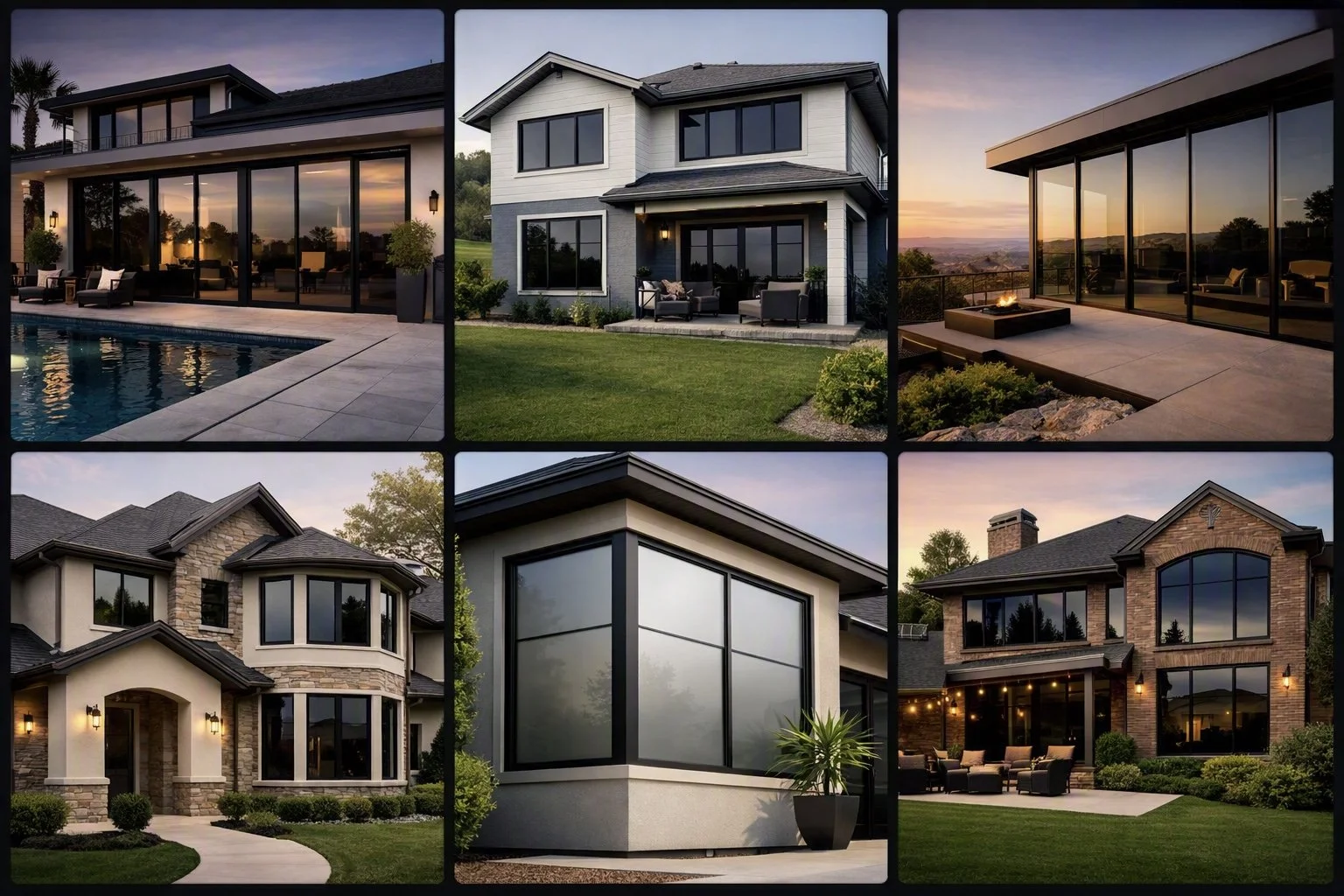 Collage of six modern house exteriors and outdoor spaces, including a swimming pool, patio with furniture, large glass windows, and landscaped gardens, at sunset or dusk.