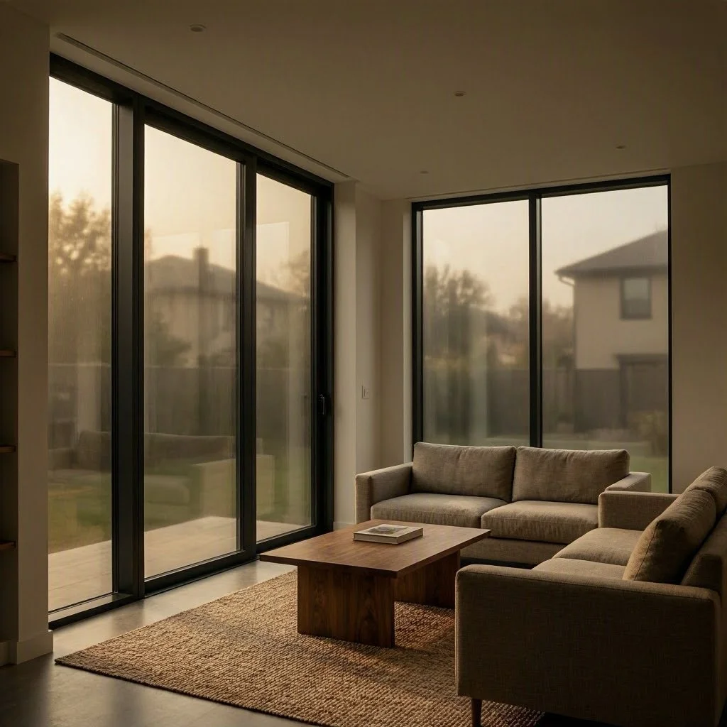 Living room with beige sofas, wooden coffee table, large sliding glass doors, and a view of neighboring houses outside.