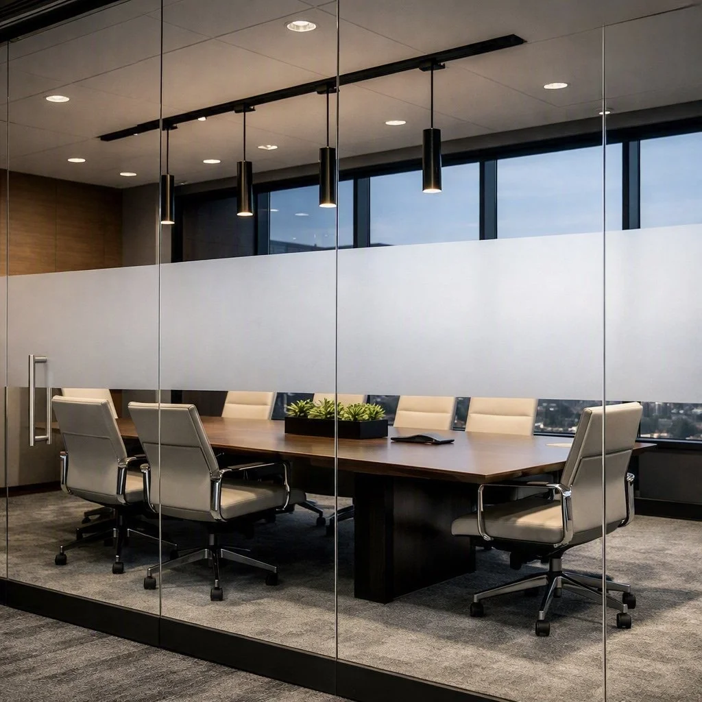 Modern office conference room with a wooden table, beige chairs, and black pendant lights, with large windows showing a city view.
