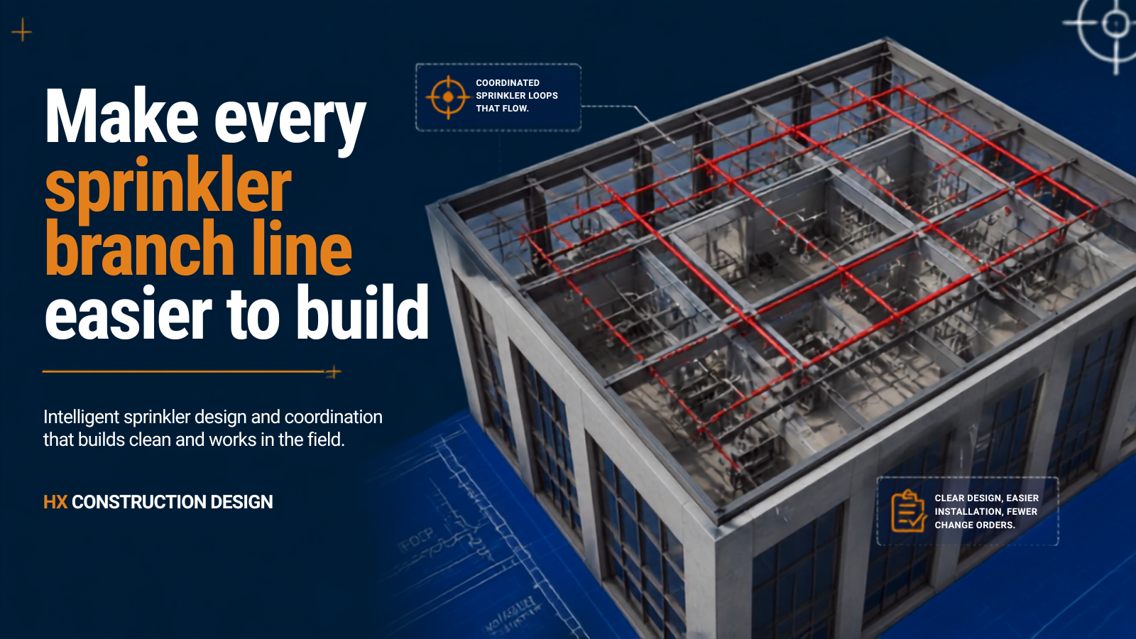 A 3D rendering of a building's rooftop showing an organized layout of red sprinkler pipes and loops, with labels indicating coordinated sprinkler loops that flow and a note about clear design making installation easier with fewer change orders.