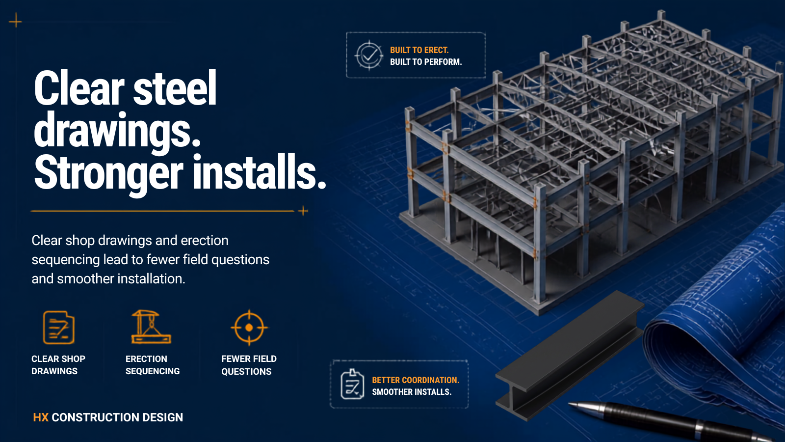 Blueprint-style technical drawing of a steel construction framework with tools and rolled blueprint on a dark background, highlighting construction and erection processes.