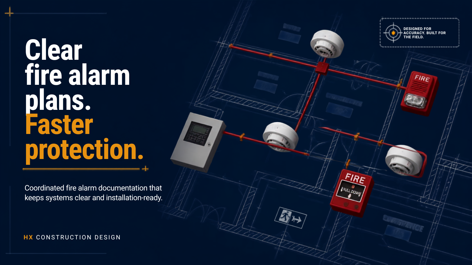 A digital blueprint of a fire alarm system layout with various fire alarm devices, including smoke detectors, fire alarm pull stations, and control panels, overlaid on a building floor plan background.