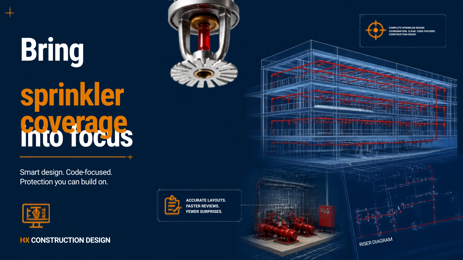 Graphic presentation of sprinkler system design, with a large sprinkler head at the top, blueprint-style diagrams of building floors showing red sprinkler piping, and textual and icon-based information about coverage, layout accuracy, and constructio