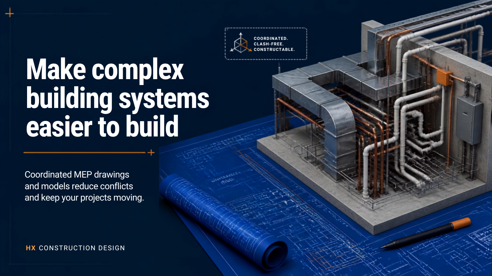 Construction blueprint and 3D model of building HVAC system with pipes, ducts, and wiring.