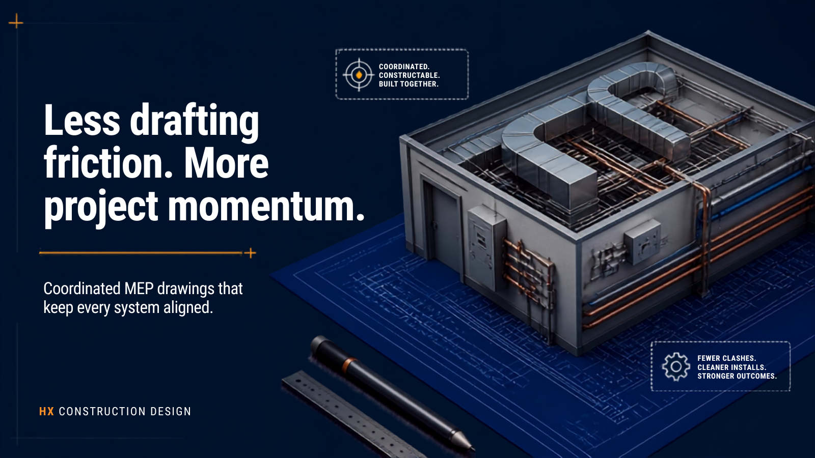 A blueprint with a 3D model of a building's HVAC system, emphasizing a streamlined design with copper piping, alongside text about reducing drafting friction and improving project efficiency.