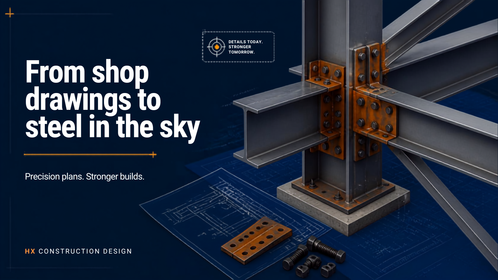Close-up of steel construction process with steel beams, bolts, screws, and blueprints, emphasizing steel structural design and assembly.