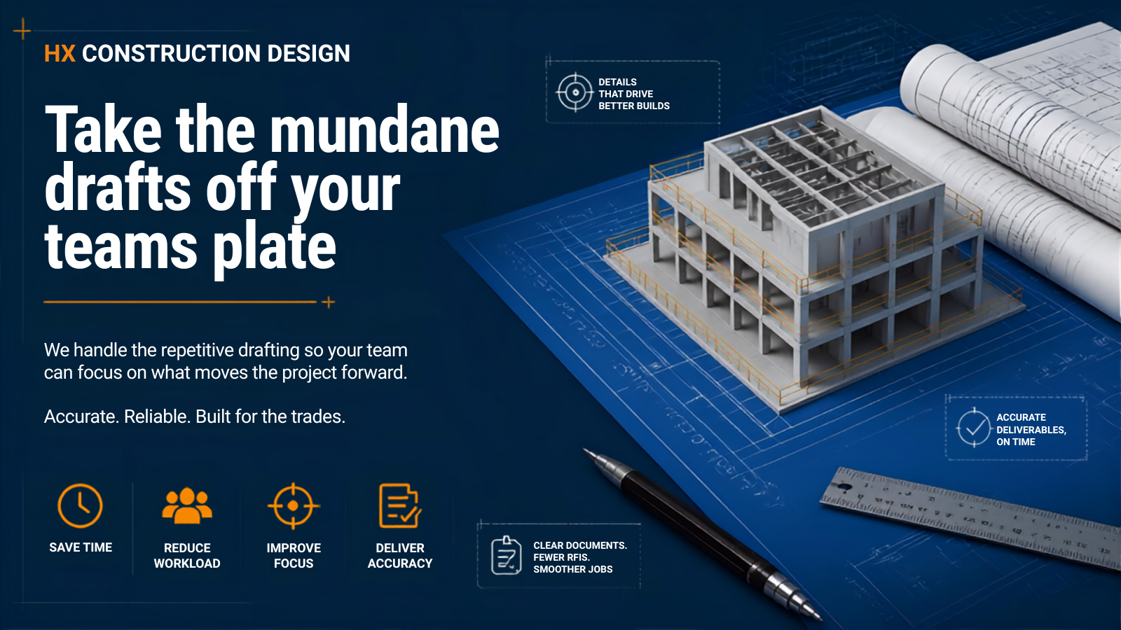 Blueprints and architectural model of a building construction project with rolled blueprints, a pen, a ruler, and icons indicating time saving, workload reduction, focus improvement, and accuracy on a blue background.
