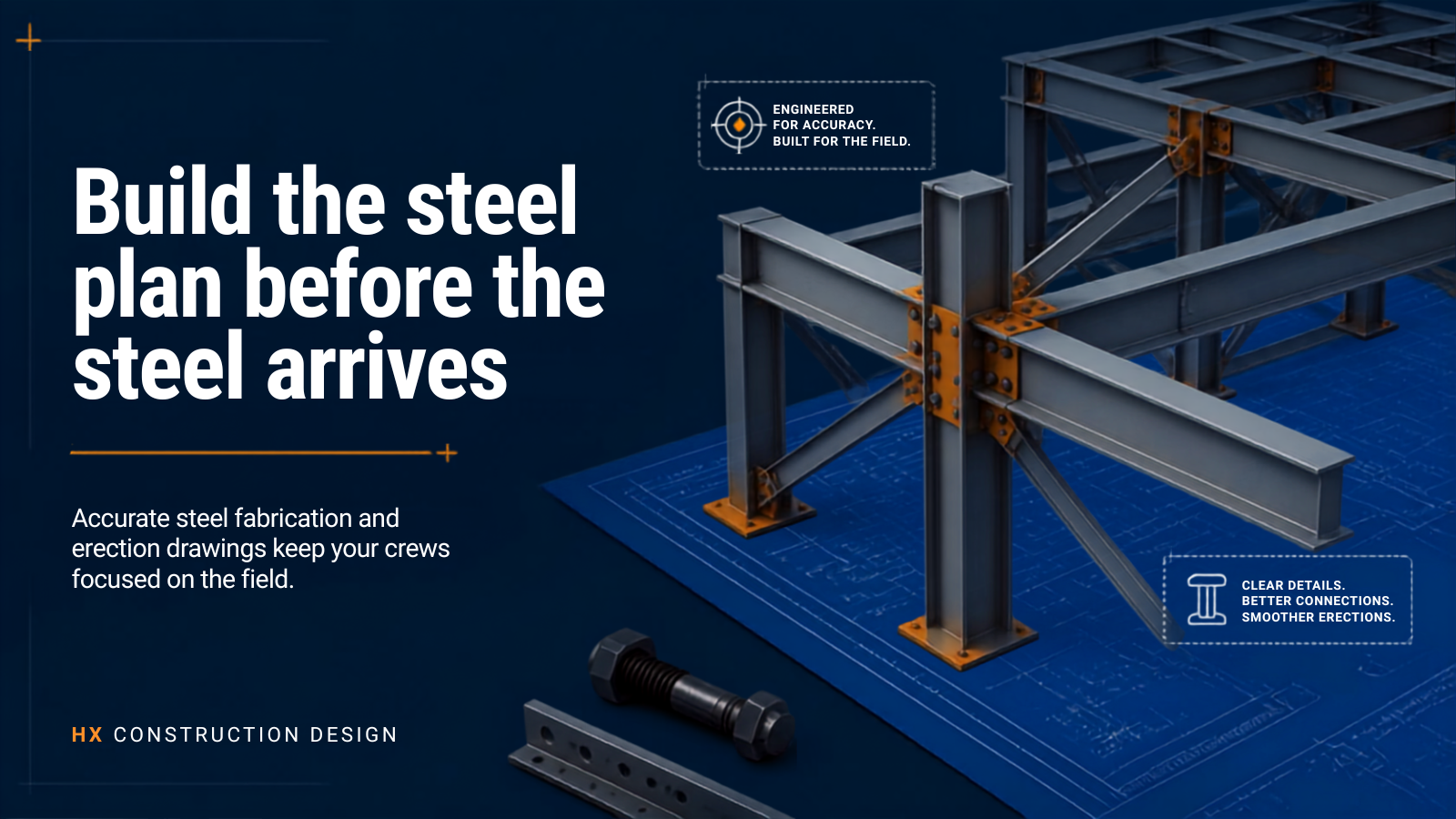 Blueprint of a steel structure with orange connections, a bolt, and a metal bracket, emphasizing accurate steel fabrication and erection planning for construction.
