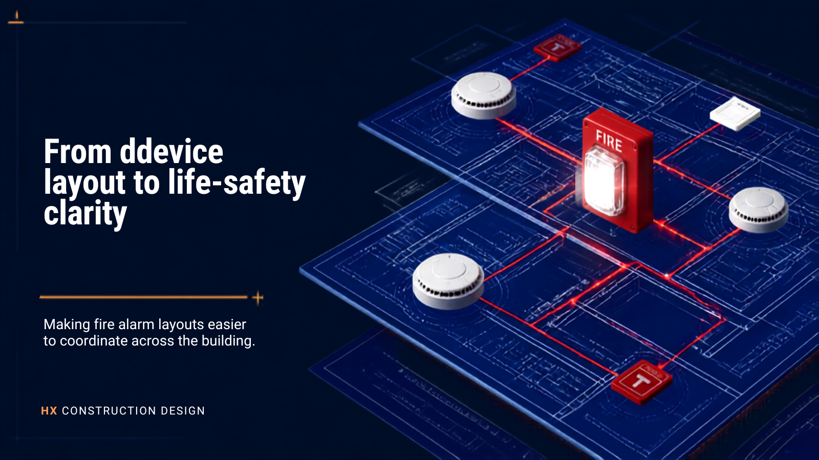 A digital illustration of a fire alarm system layout with smoke detectors, fire alarm switches, and wiring connections depicted on a building blueprint. The image emphasizes clarity from device layout to life safety.