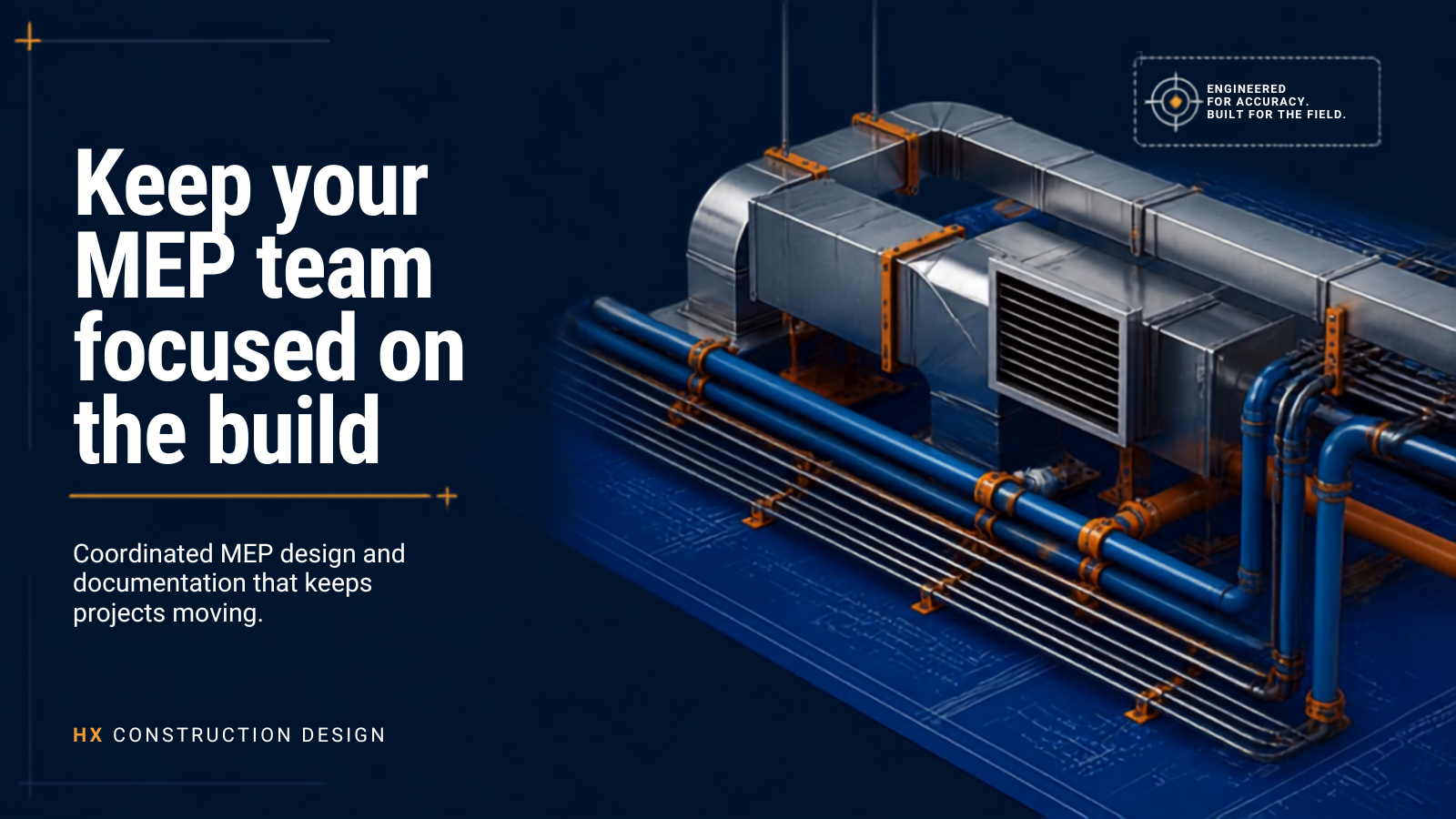 A digital rendering of an HVAC system with metal ducts and pipes against a dark background, with text promoting construction design and project coordination.