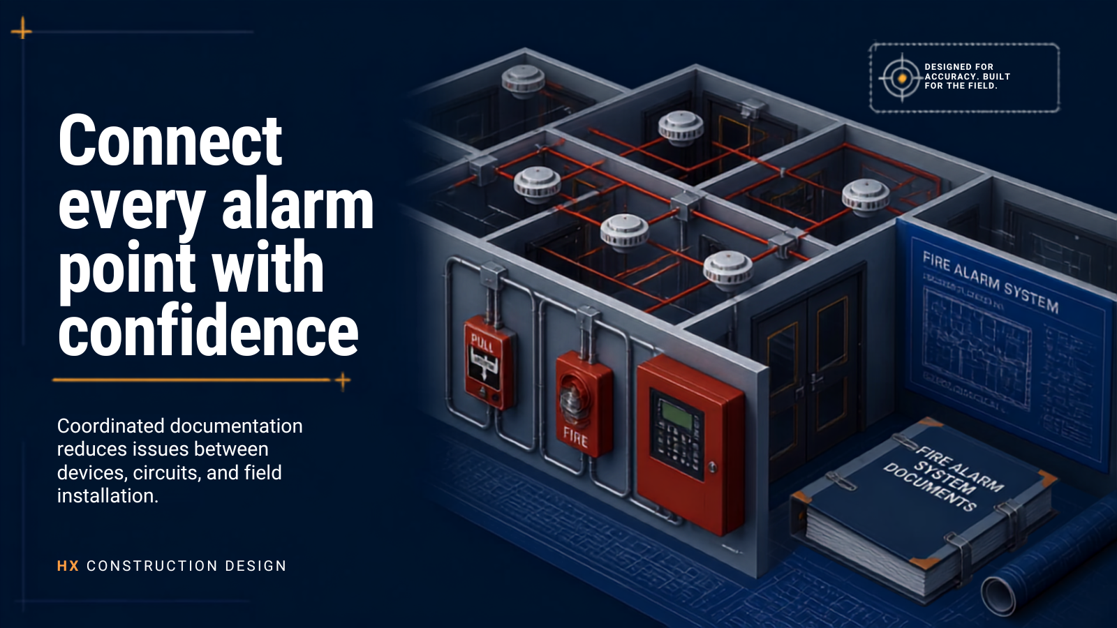 A digital illustration of a fire alarm system with interconnected devices, including control panels, sensors, and a documented plan, highlighting the importance of connecting each alarm point for reliable fire safety.