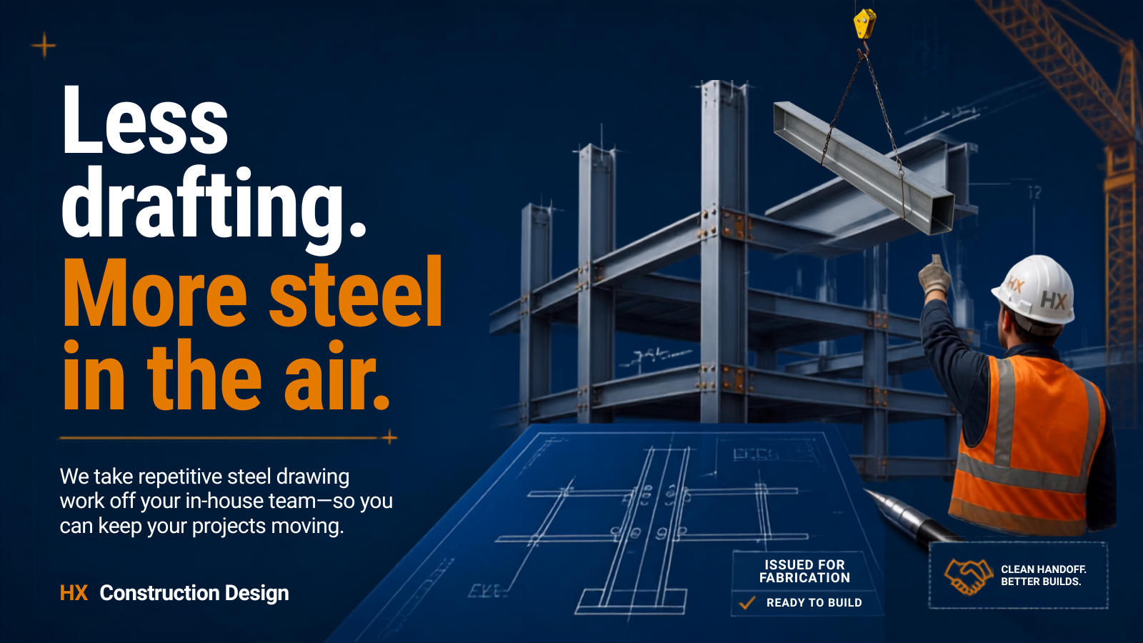 A construction site with steel beams and a worker in safety gear, demonstrating steel fabrication and assembly.