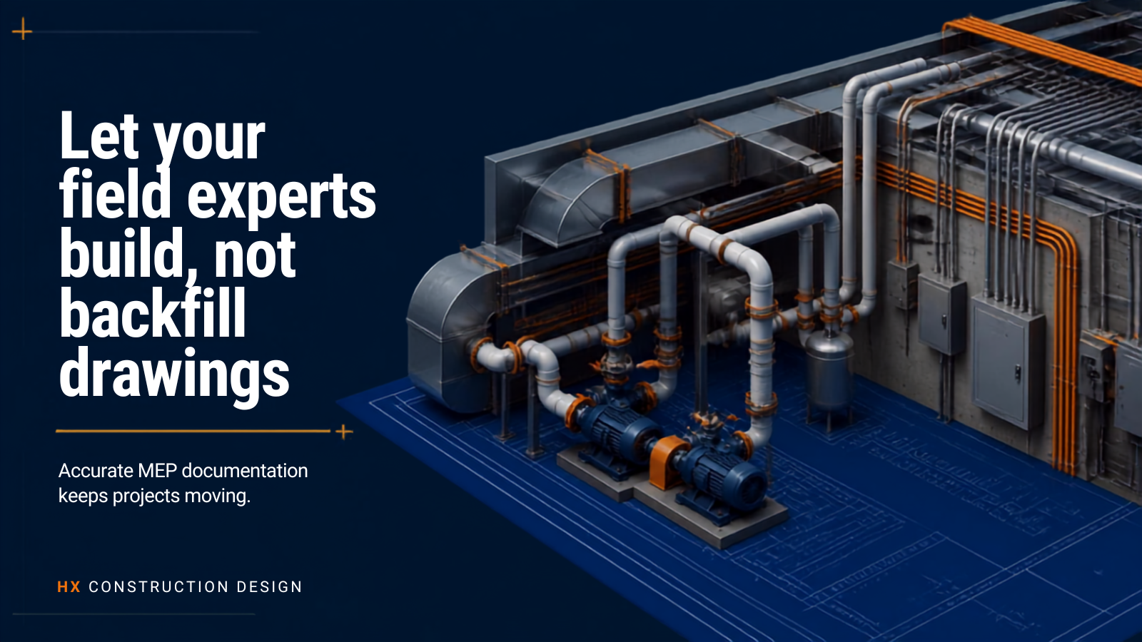 A digital rendering of mechanical and electrical components for construction or engineering, with large pipes, machinery, and technical schematics on the surface.