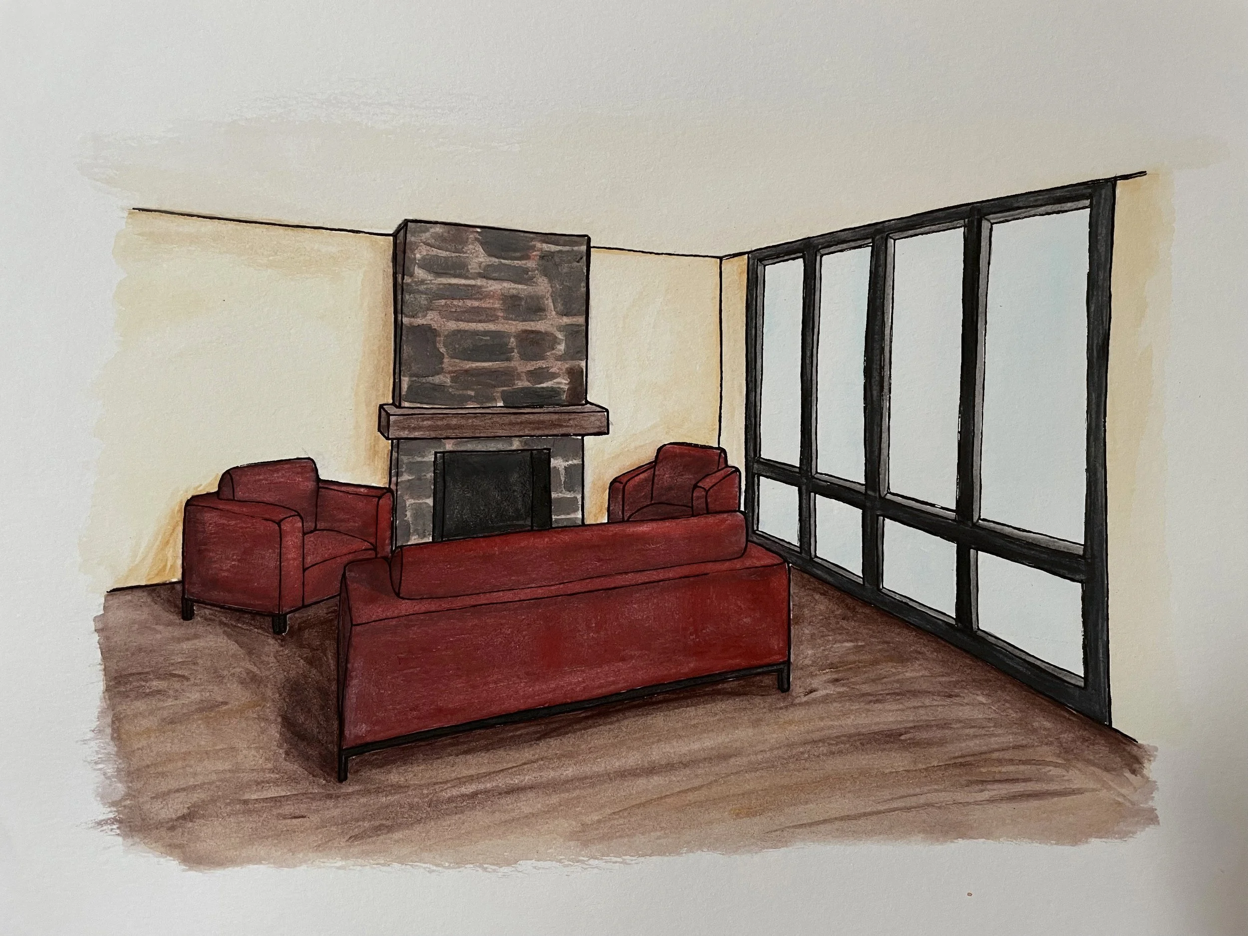 Color and Pencil Sketches & Renderings, 

"Cozy Living Room", 
Ink and pencil linework 
Rendered in watercolors