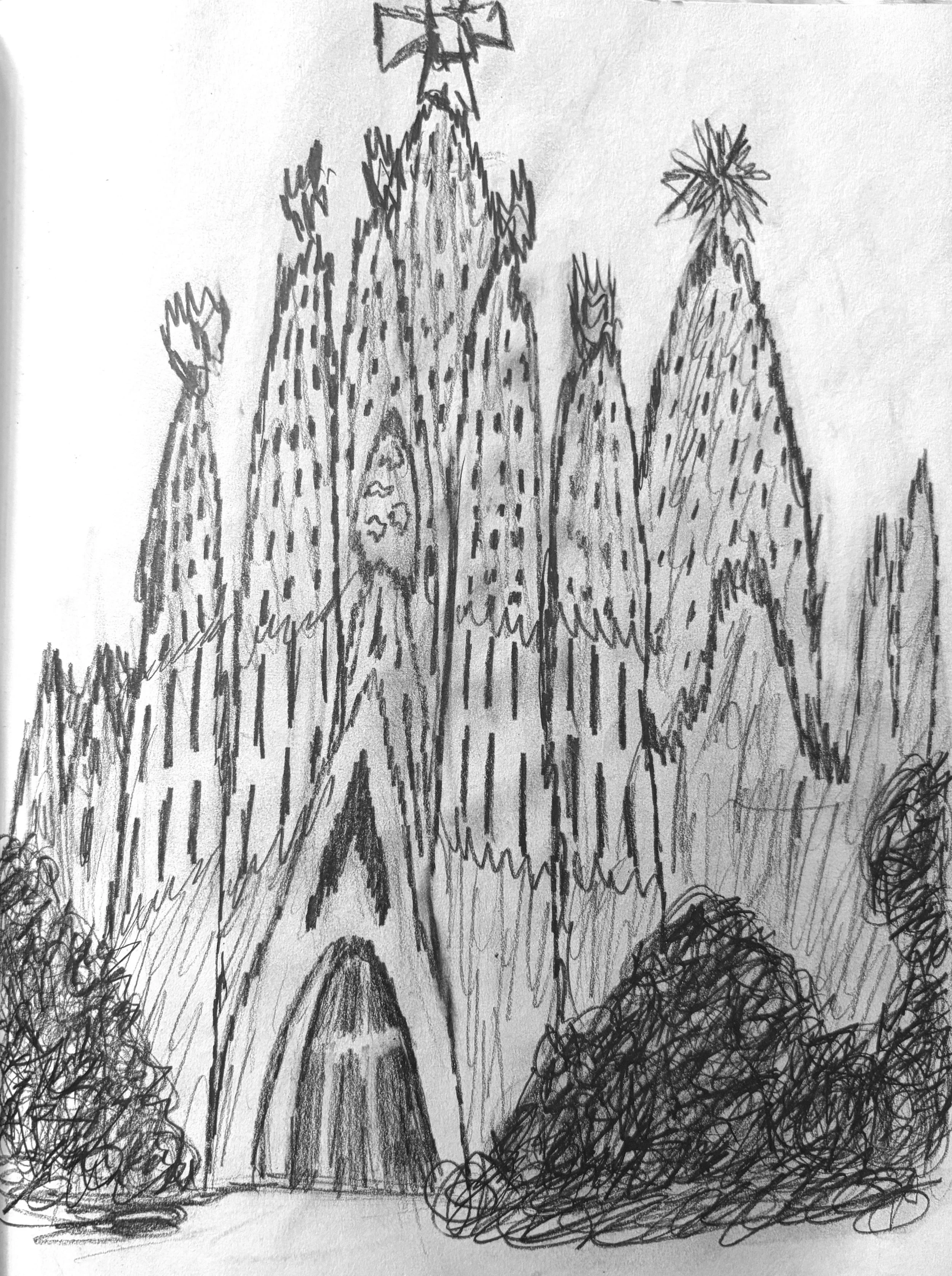 Observational Sketches & Renderings, 

"La Sagrada Familia Exterior, Barcelona", 
Quick Pencil Sketch