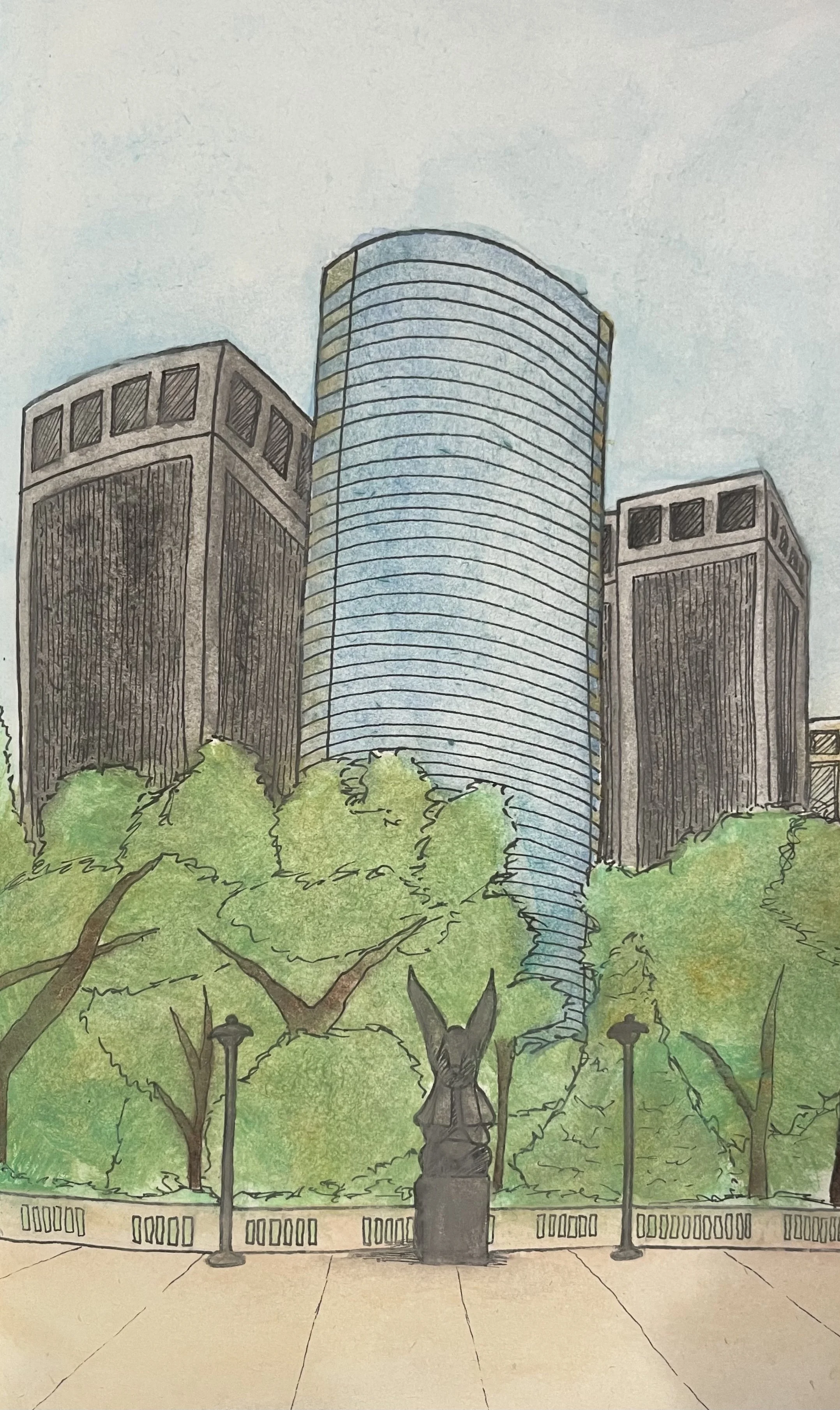Observational Sketches & Renderings, 

"Battery Park", 
Ink and pencil linework 
Rendered with watercolors