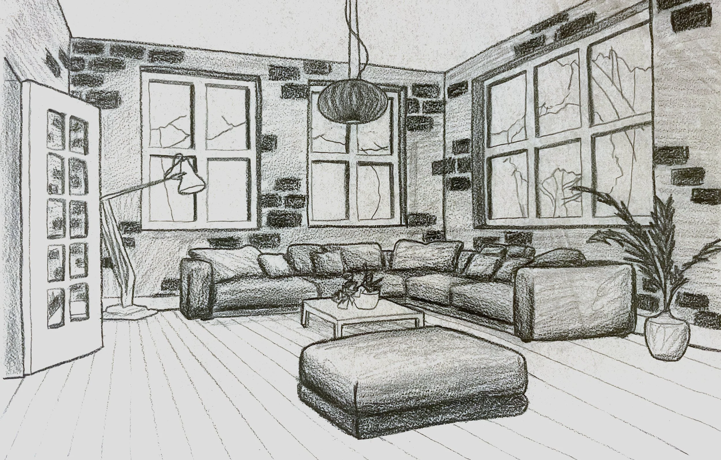 Color and Pencil Sketches & Renderings, 

"Living Room", 
Pencil linework and shading