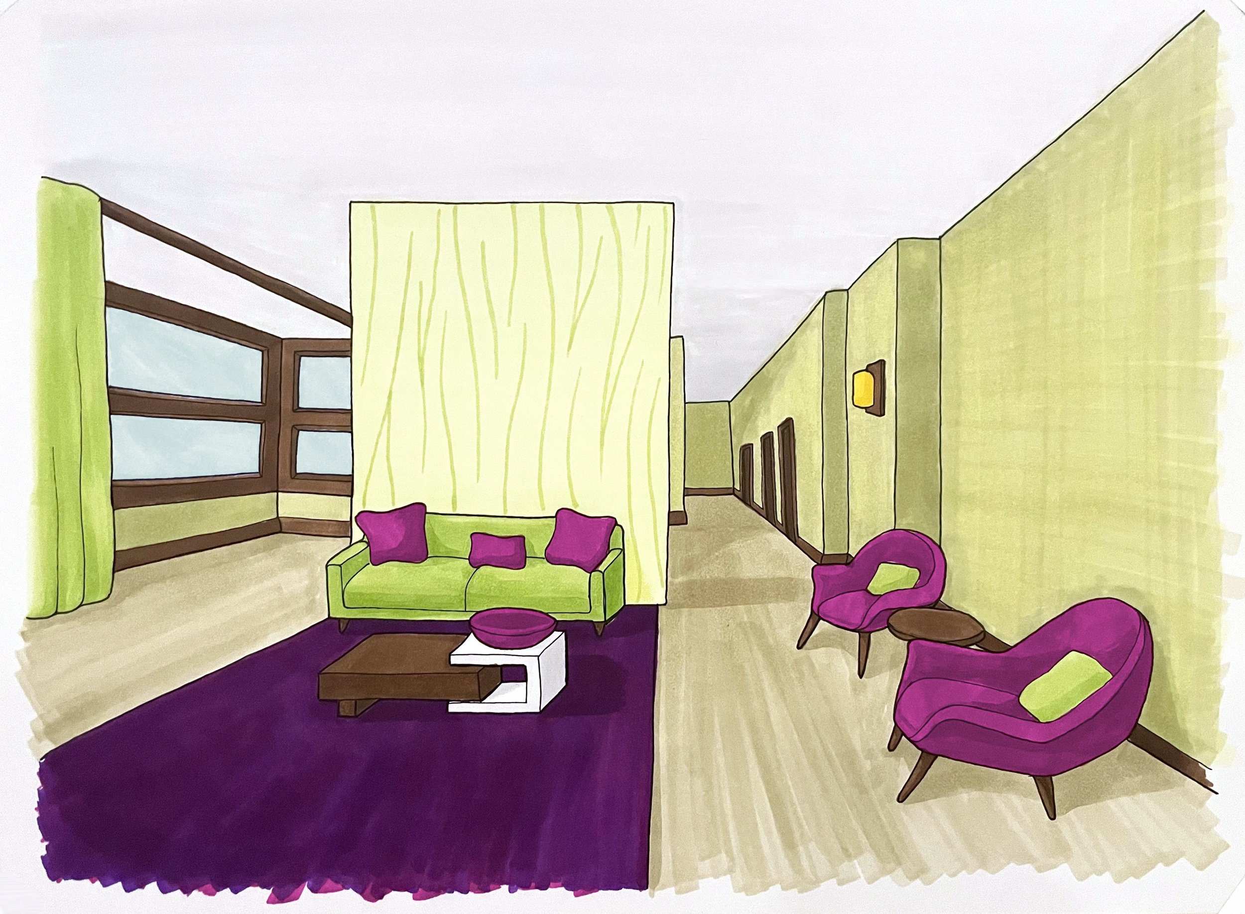 Color and Pencil Sketches & Renderings, 

"Hotel Lobby", 
Ink and pencil linework 
Rendered with markers