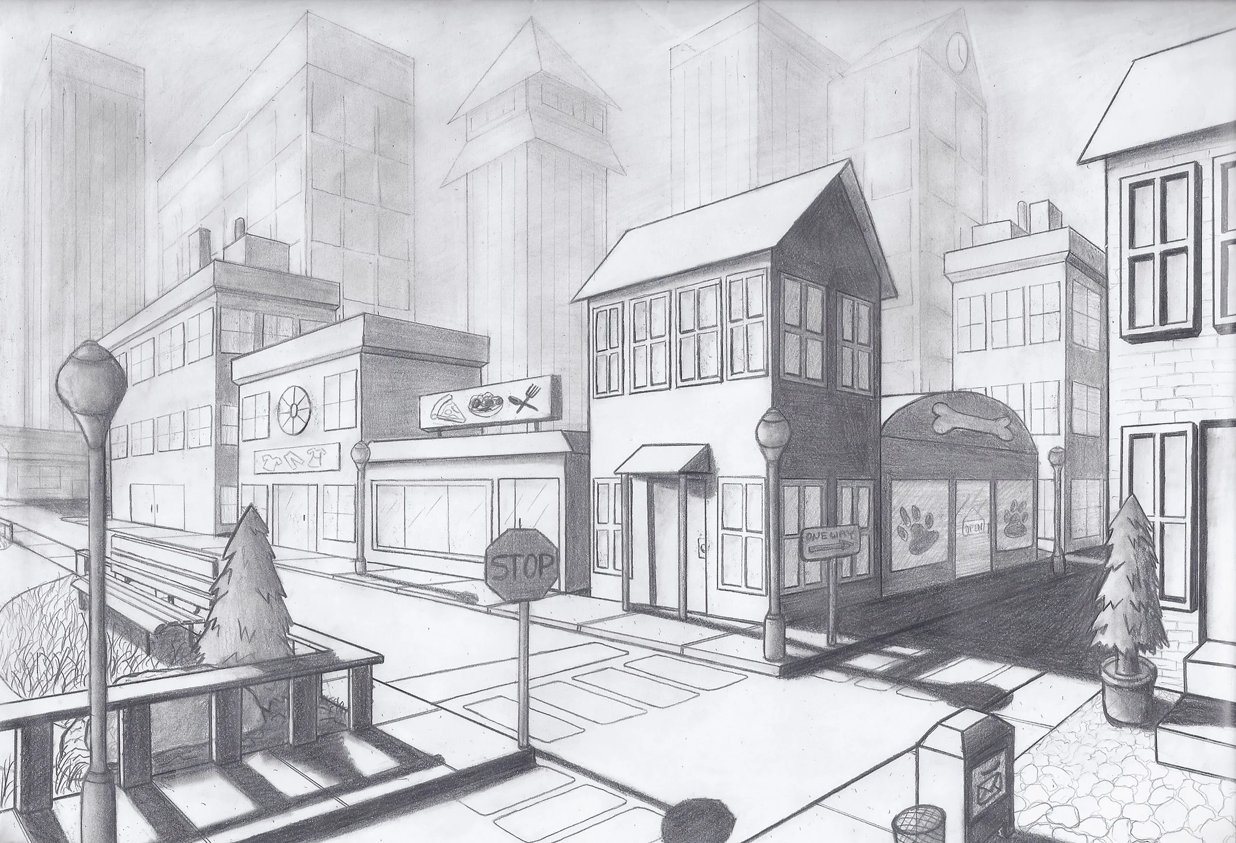 Color and Pencil Sketches & Renderings, 

"City Street", 
Pencil linework and shading