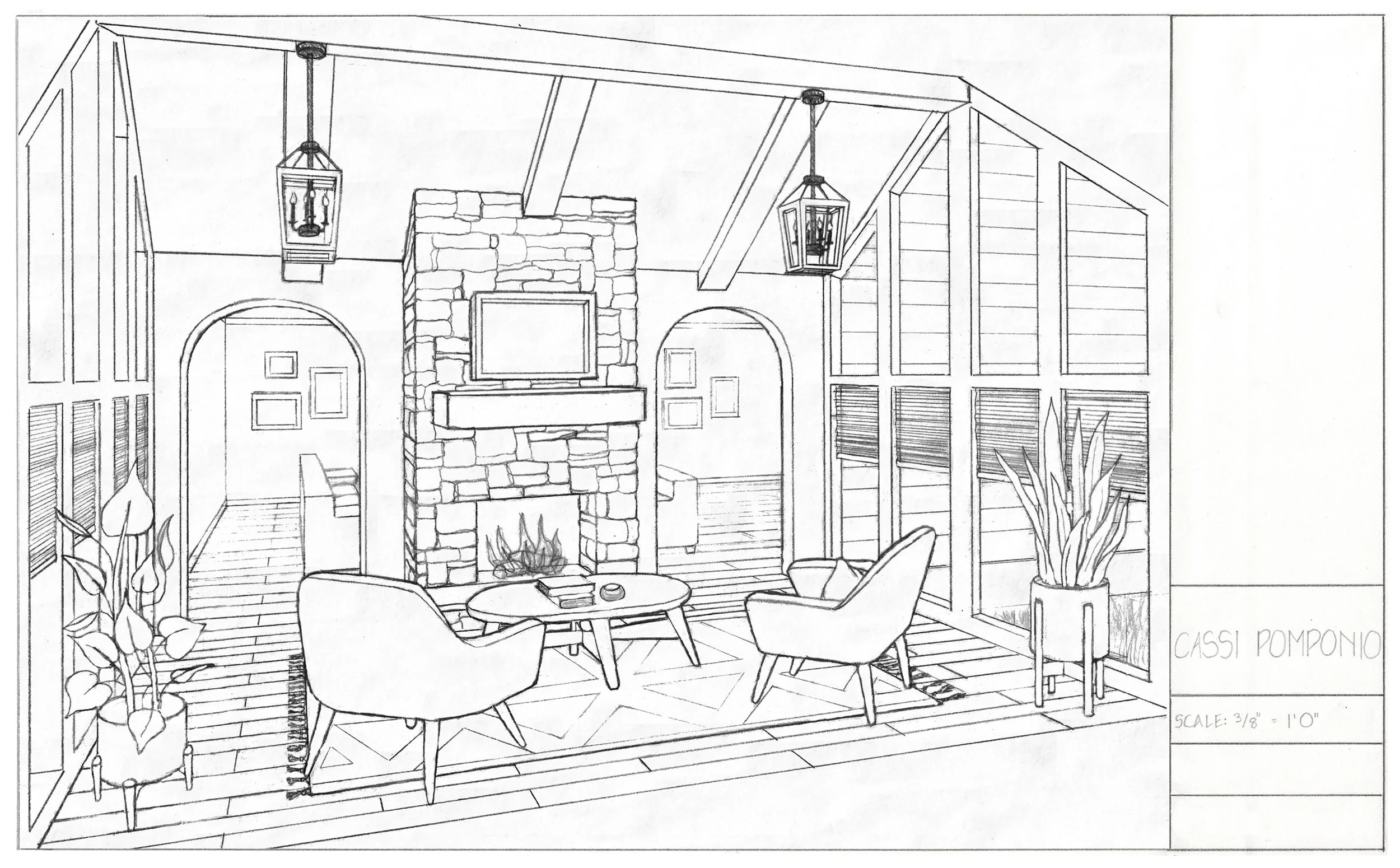 Scaled Perspective Sketches & Renderings, 

"Sunroom", 
3/8" = 1" Scale on 11 x 17 Paper, 
Pencil linework