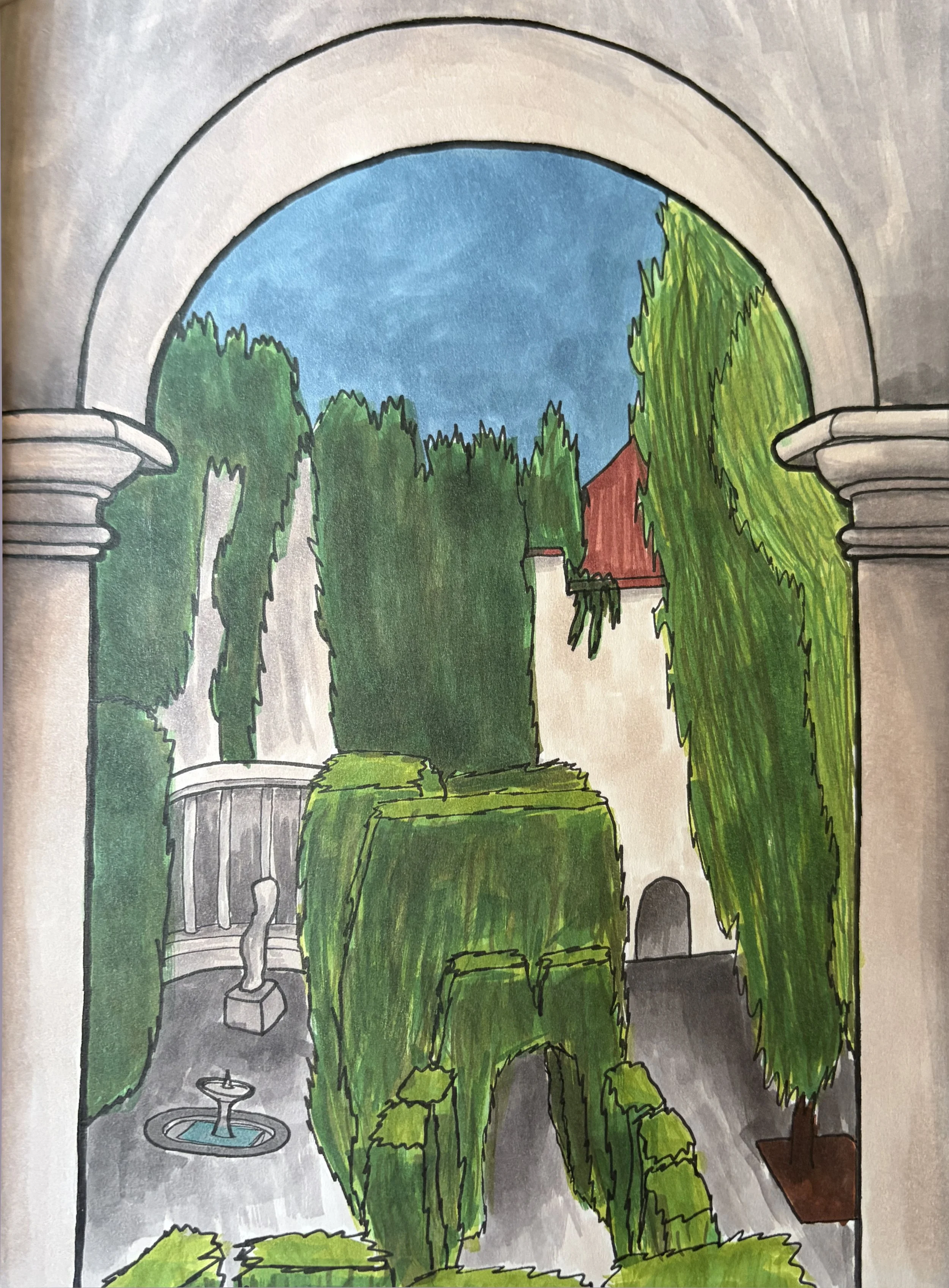 Observational Sketches & Renderings, 

"Fundacion Rodriquez Acosta, Granada", 
Ink and pencil linework,
Rendered with markers