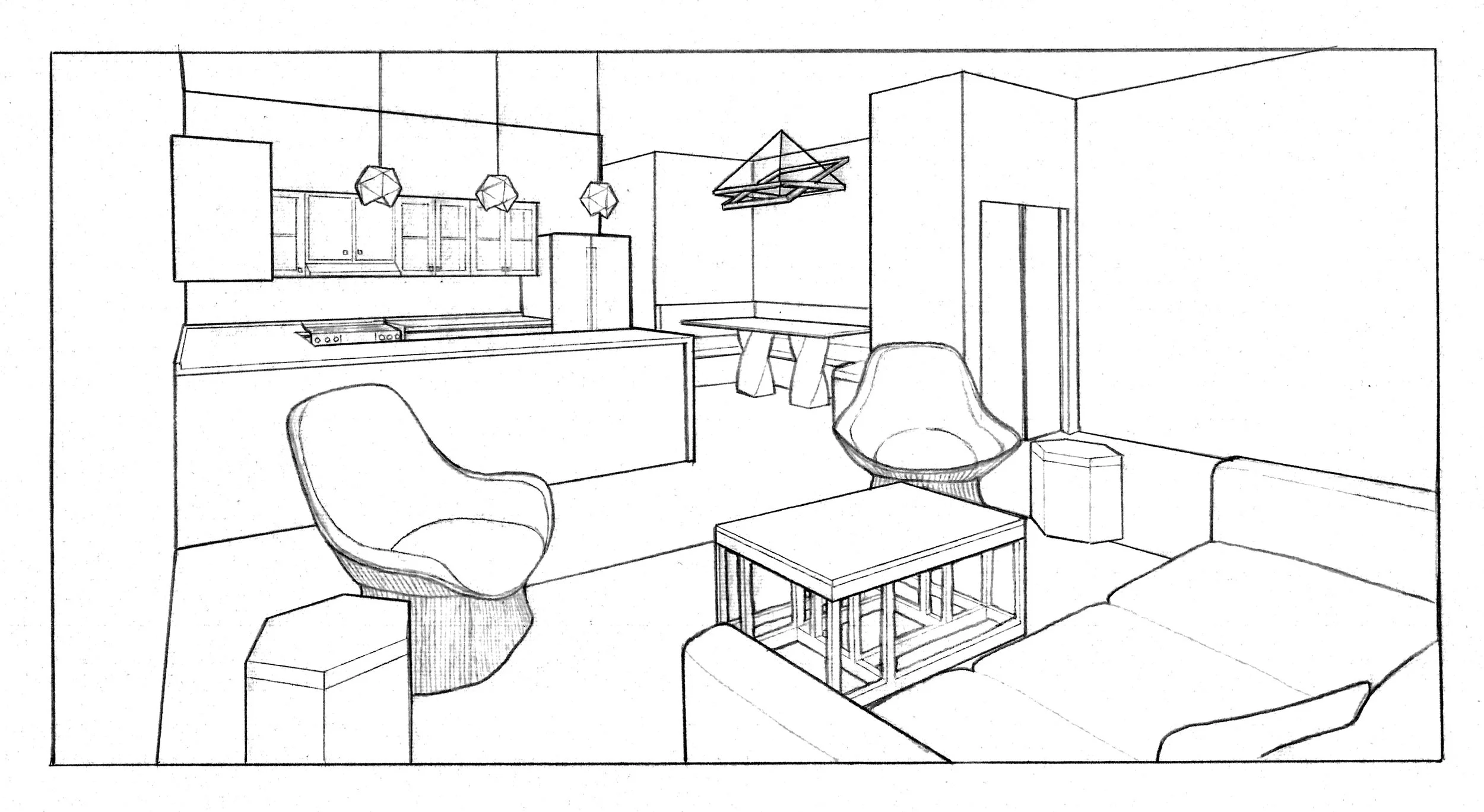 Scaled Perspective Sketches & Renderings, 

"Theatrical Elegance Living Space", 
3/8" = 1" Scale on 11 x 17 Paper, 
Pencil linework