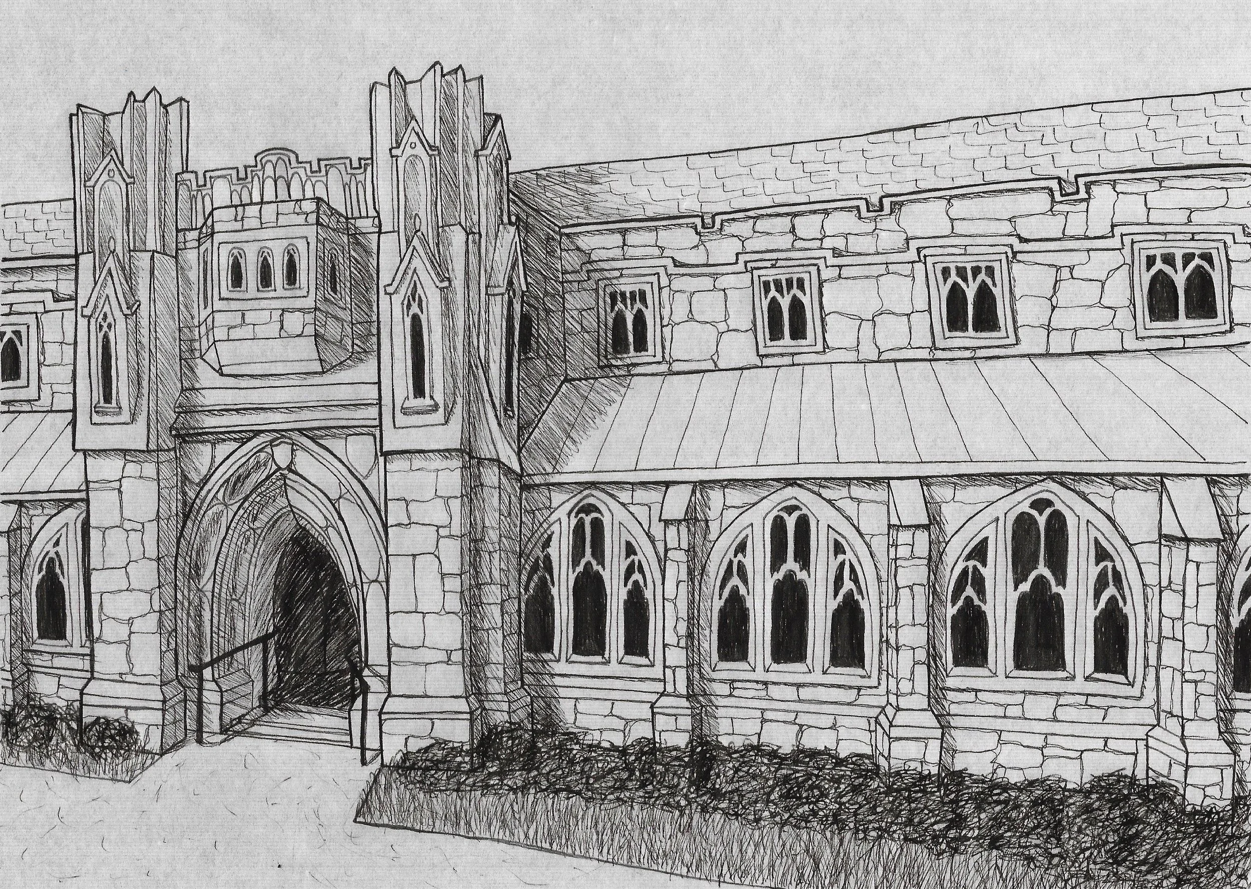 Observational Sketches & Renderings, 

"Holder Hall, Princeton University", 
Ink and pencil linework
