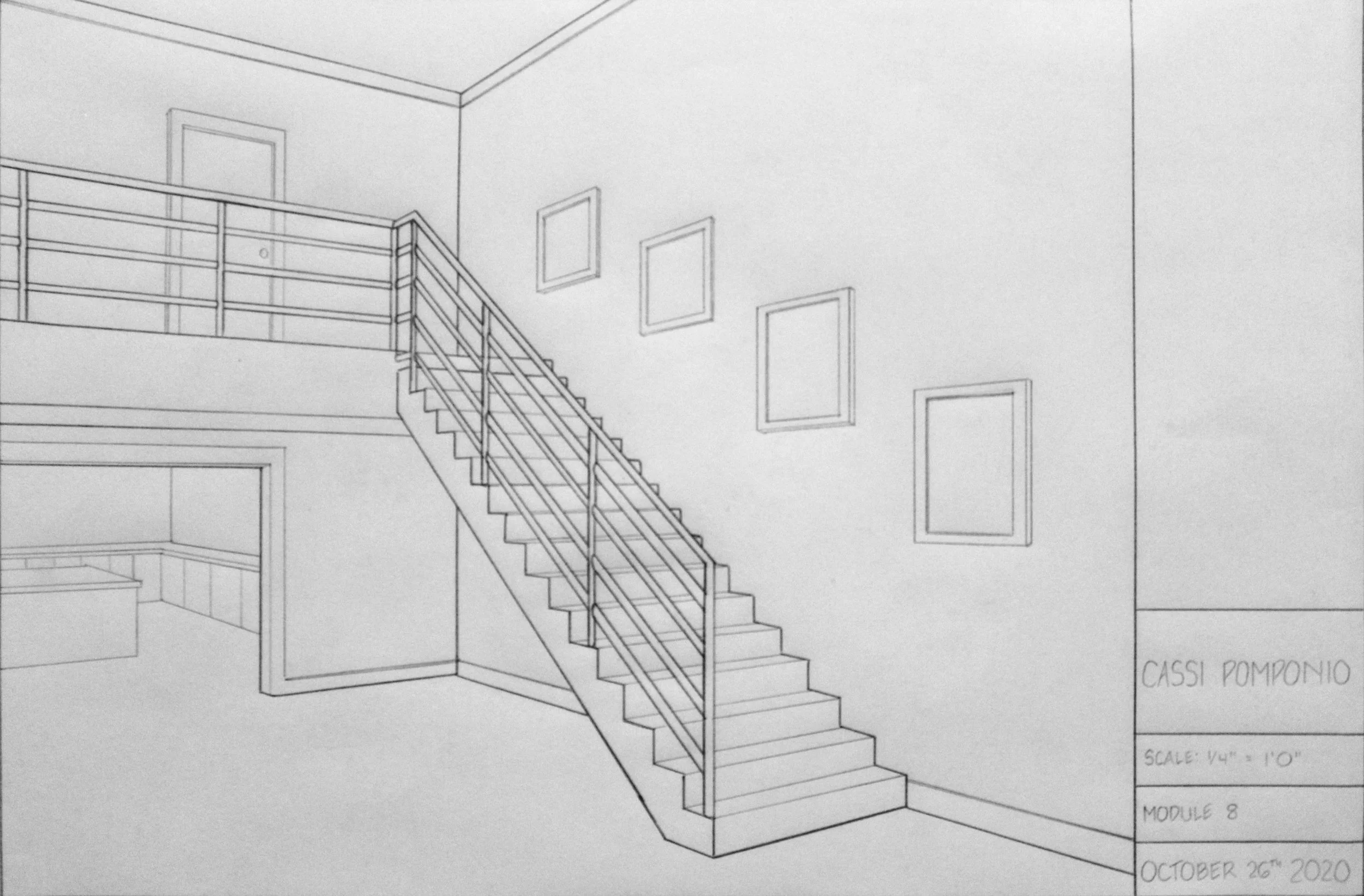 Scaled Perspective Sketches & Renderings, 

"Staircase", 
1/4" = 1" Scale on 11 x 17 Paper, 
Pencil linework