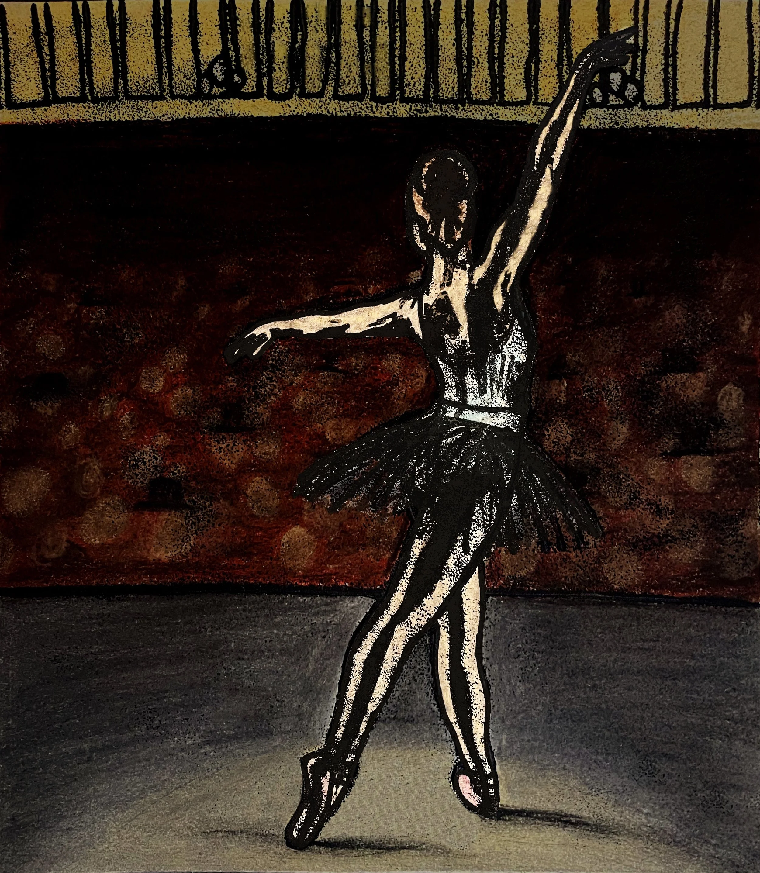 Color and Pencil Sketches & Renderings, 

"Curtain Call", 
Oil pastels with ink overlay, inspired by Degas’ monotype technique