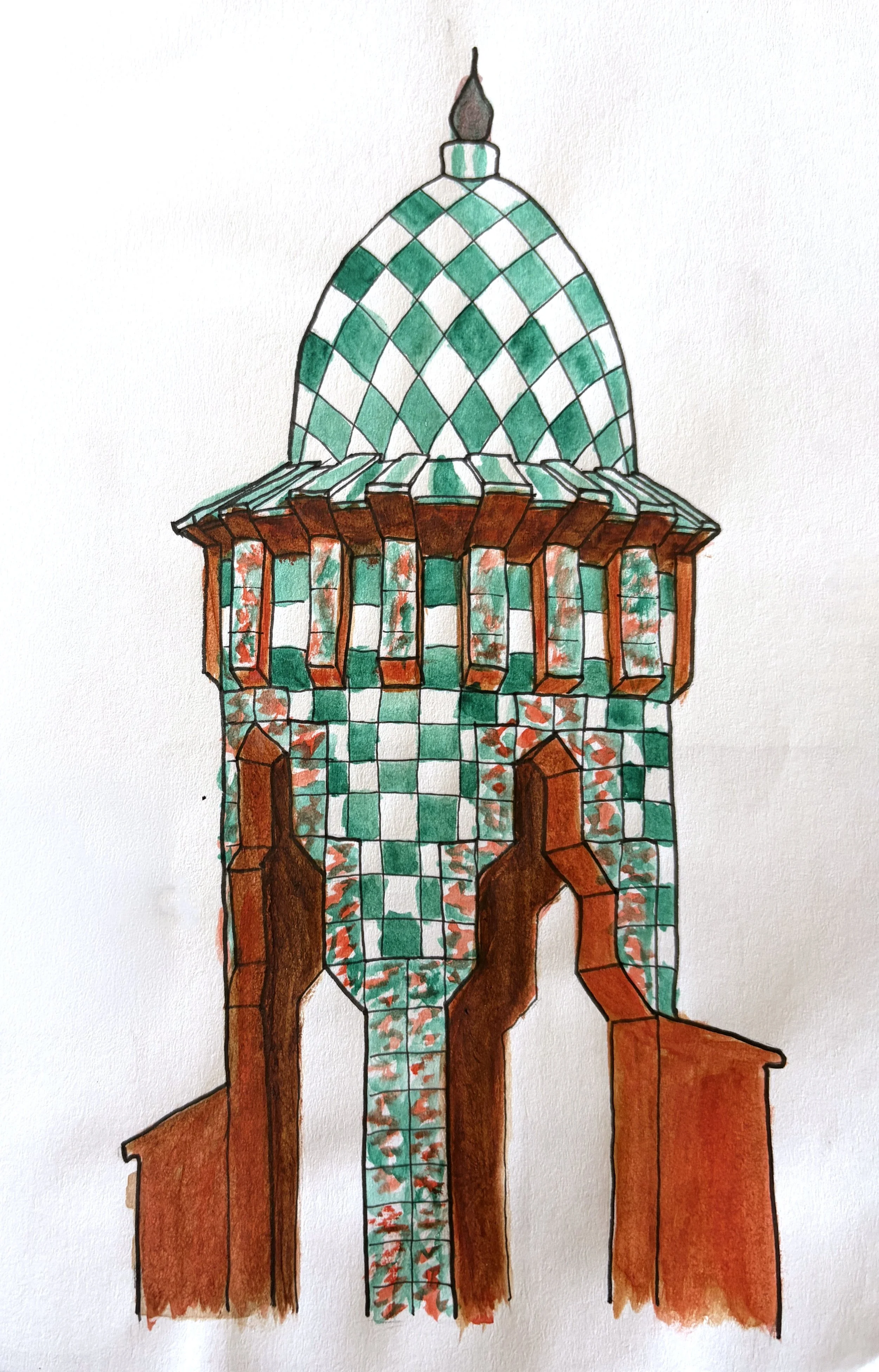 Observational Sketches & Renderings, 

"Casa Vicens Tower, Barcelona", 
Ink and pencil linework,
Rendered with watercolors
