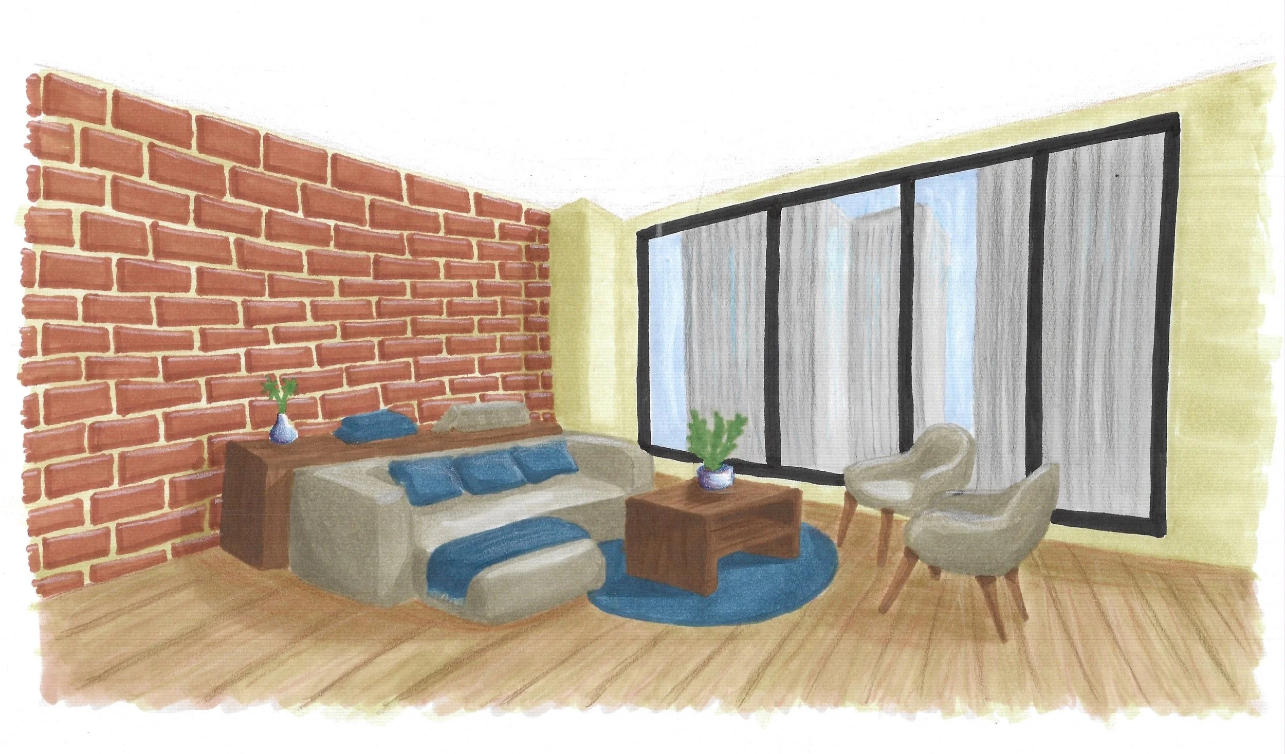 Color and Pencil Sketches & Renderings, 

"Urban Living Room", 
Pencil linework 
Rendered with markers and colored pencils