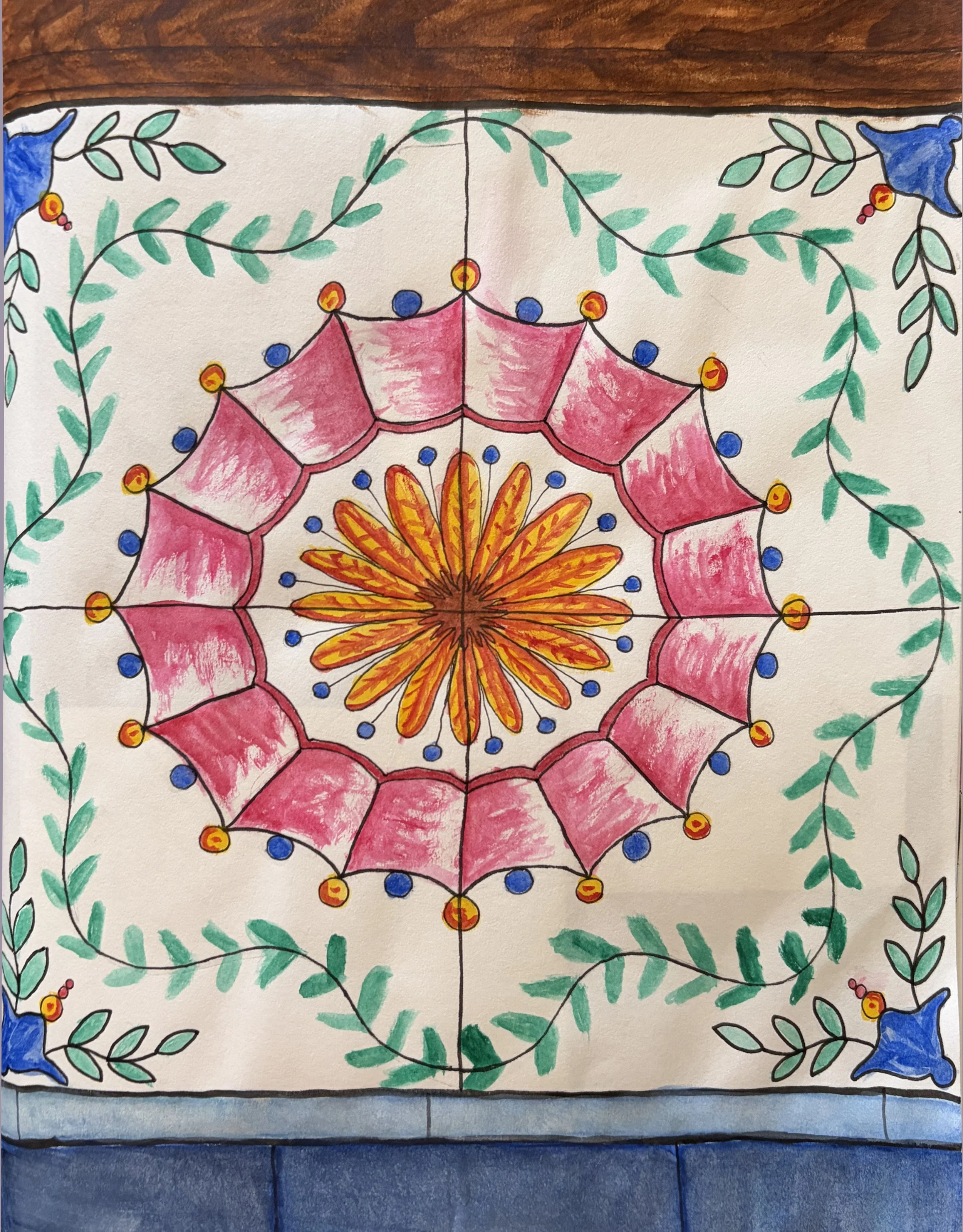 Observational Sketches & Renderings, 

"Spanish Wall Tile, Granada", 
Ink and pencil linework,
Rendered with watercolors