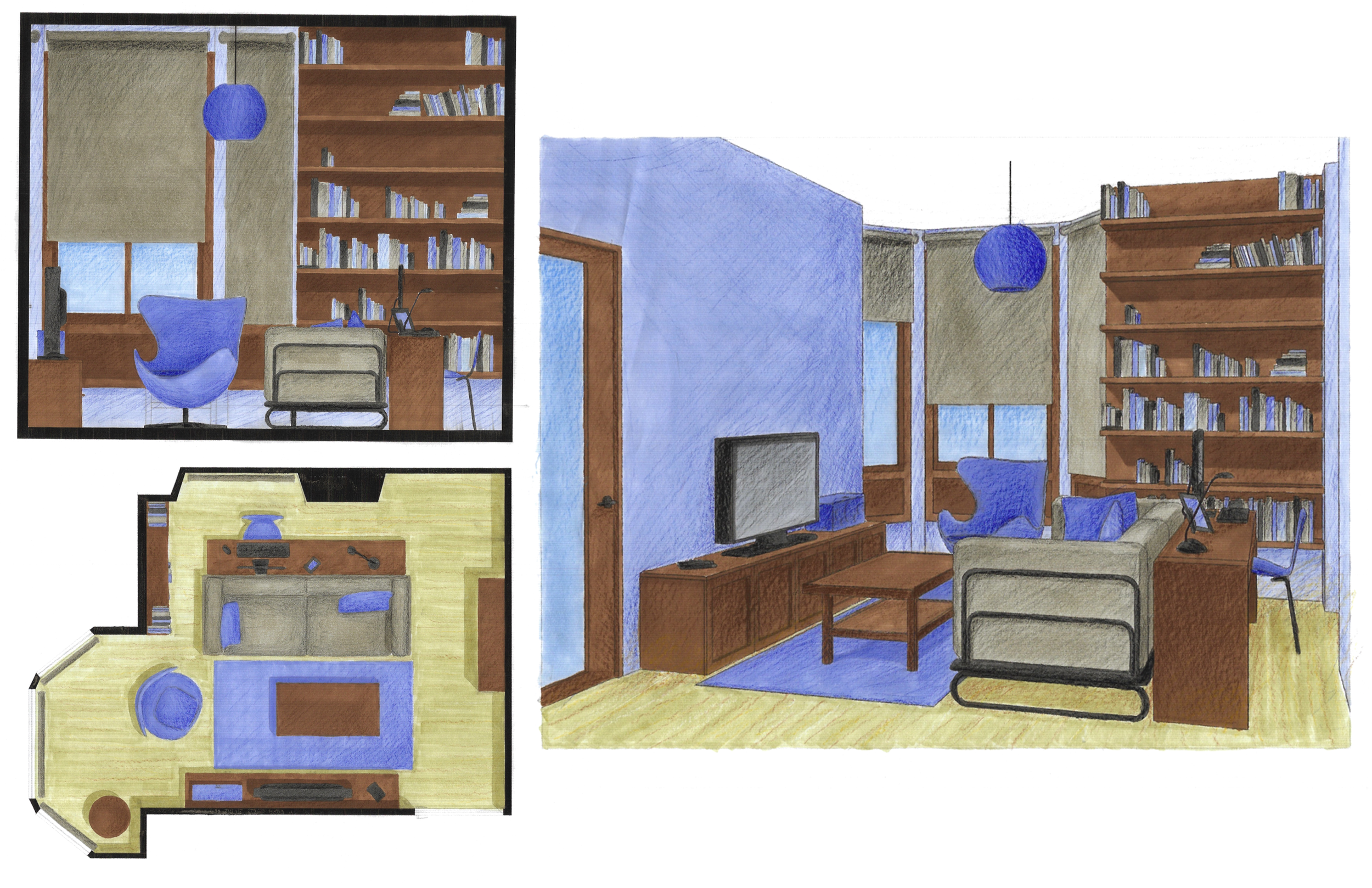 Color and Pencil Sketches & Renderings, 

"Residential Study Series", 
Ink and pencil linework 
Rendered in watercolors and colored pencil