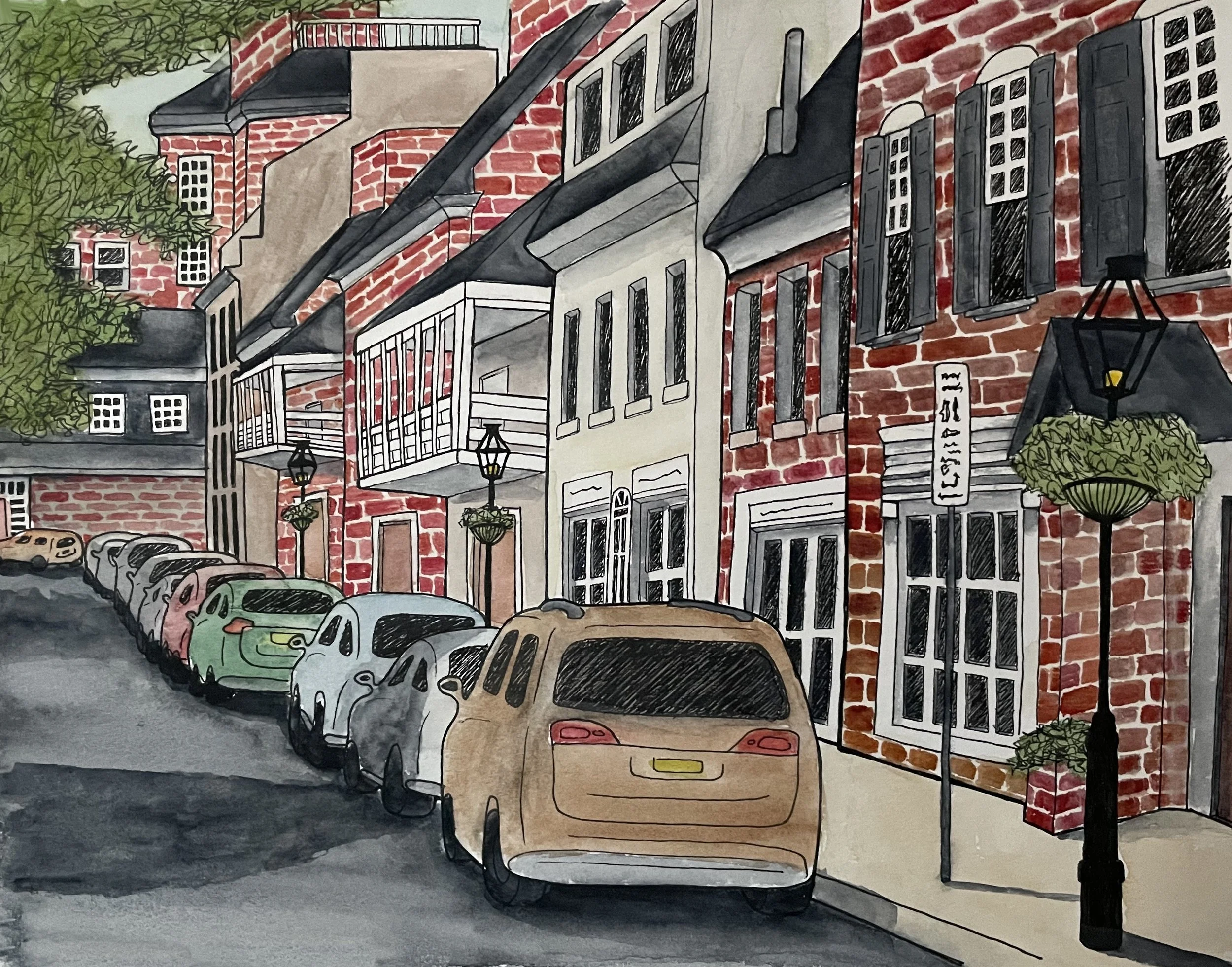 Observational Sketches & Renderings, 

"Palmer Square, Princeton", 
Ink and pencil linework 
Rendered with watercolors