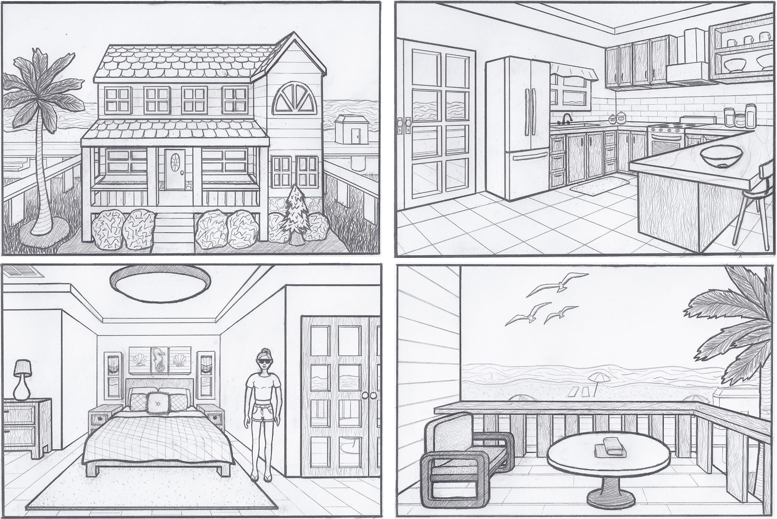 Scaled Perspective Sketches & Renderings, 

"Beach House Series", 
Interior View: 3/8" = 1" Scale on 11 x 17 Paper
Exterior View: 3/32" - 1" Scale on 11 x 17 Paper, 
Pencil linework