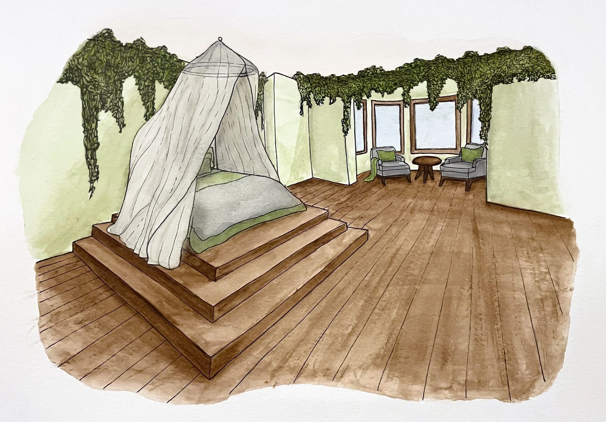Color and Pencil Sketches & Renderings, 

"Myrta Inspired Bedroom", 
Ink and pencil linework 
Rendered in watercolors