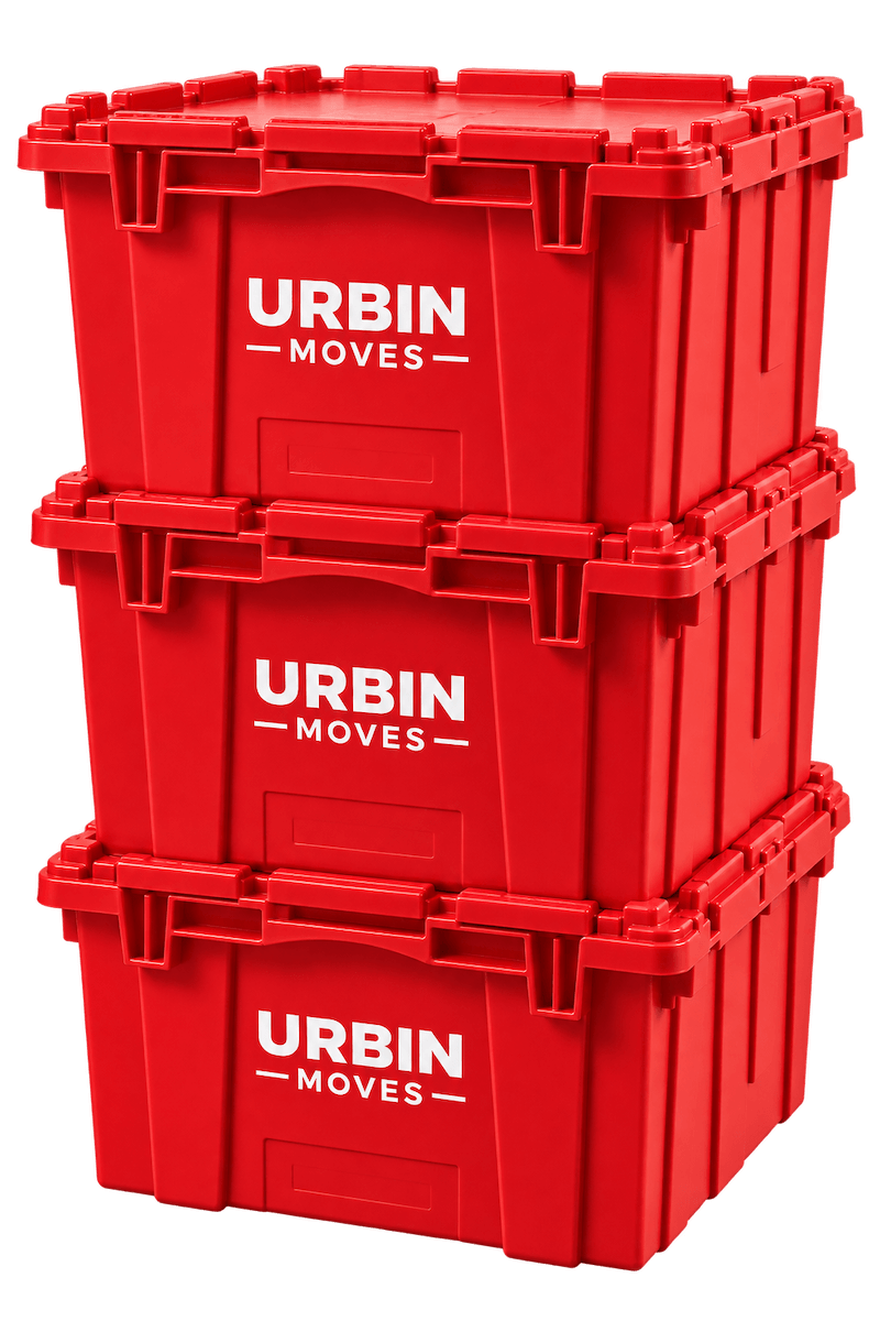 Stacked Red Rented moving boxes