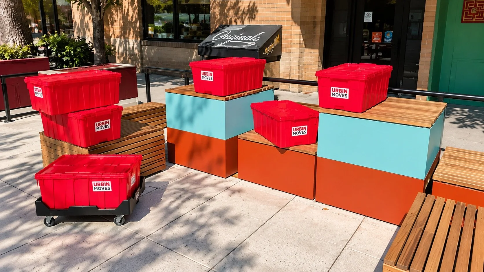 recyclable red moving bins stacked up outside a store in Davis California
