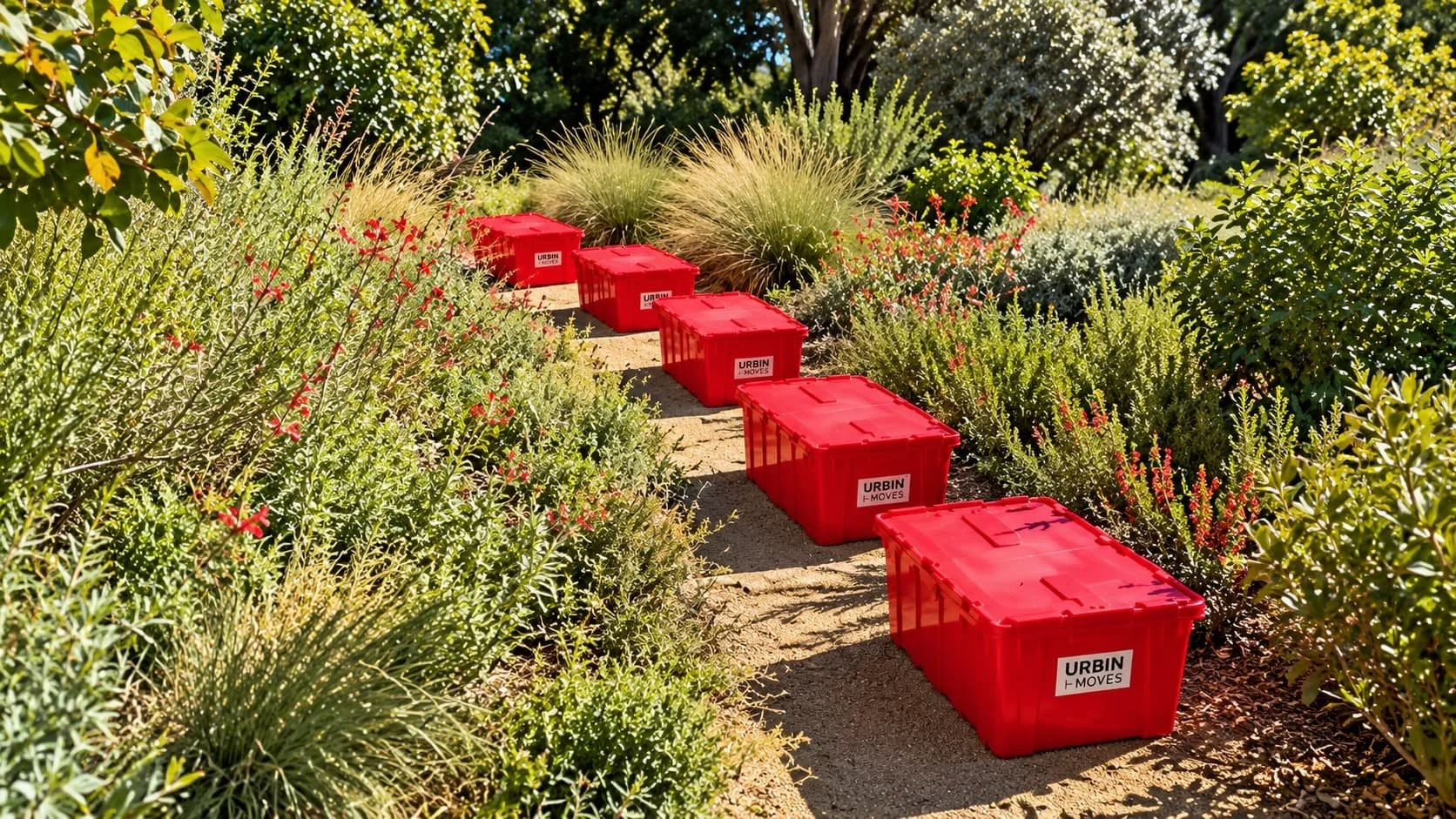 Red reusable bins on a foot path surrounded by green bushes