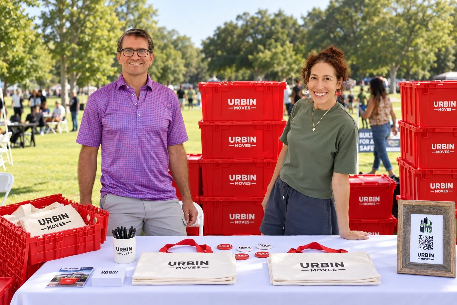 Owners of Urbin moves standing at a booth outside in Dsvis California