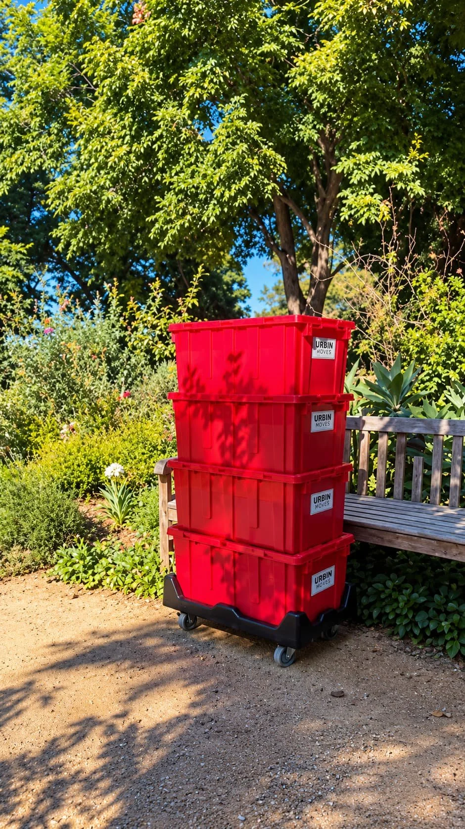 Red bins for moving on a black dolly near a park