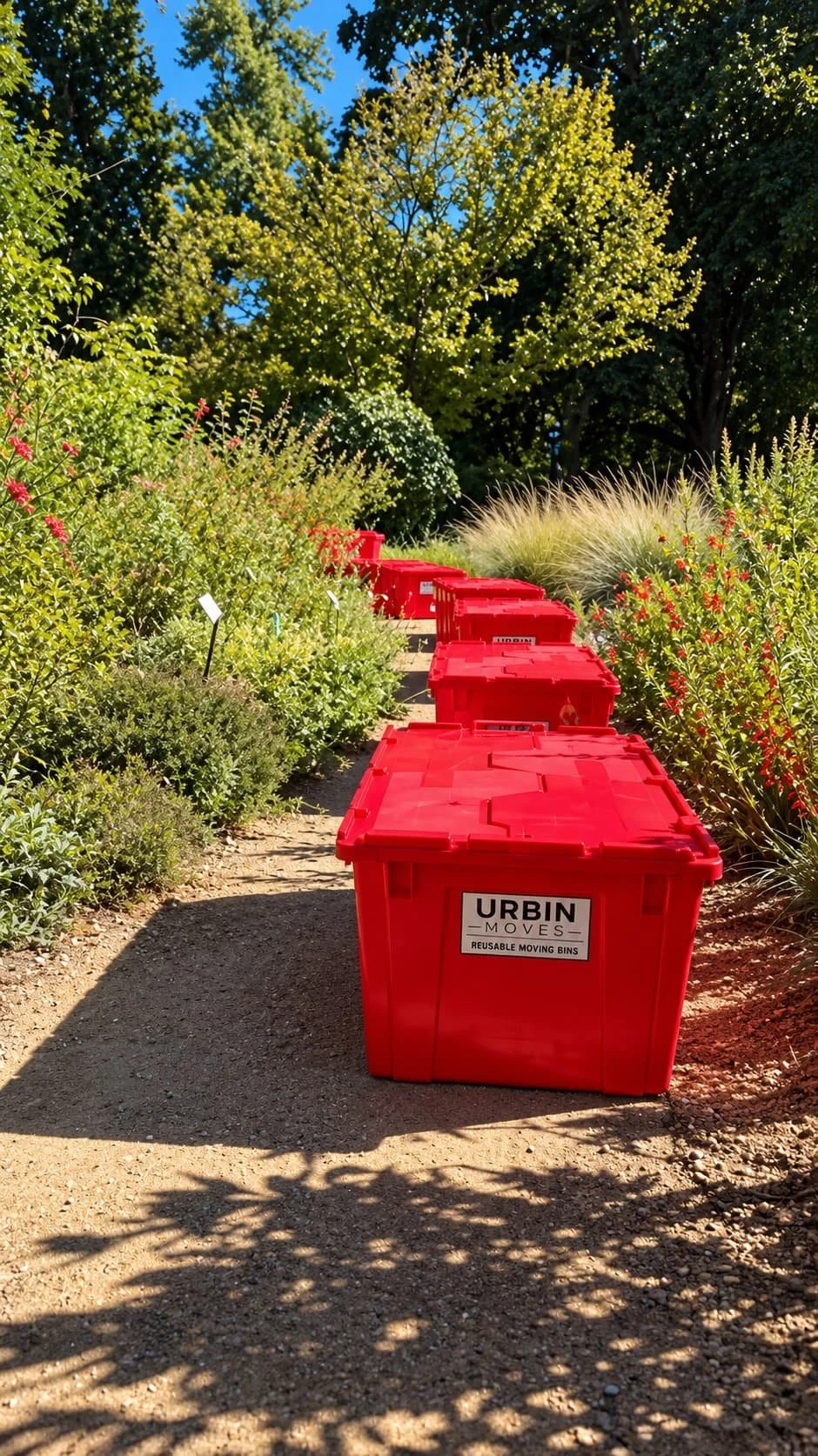 red plastic moving boxes on a foot path surrounded by flowers in Davis California Park