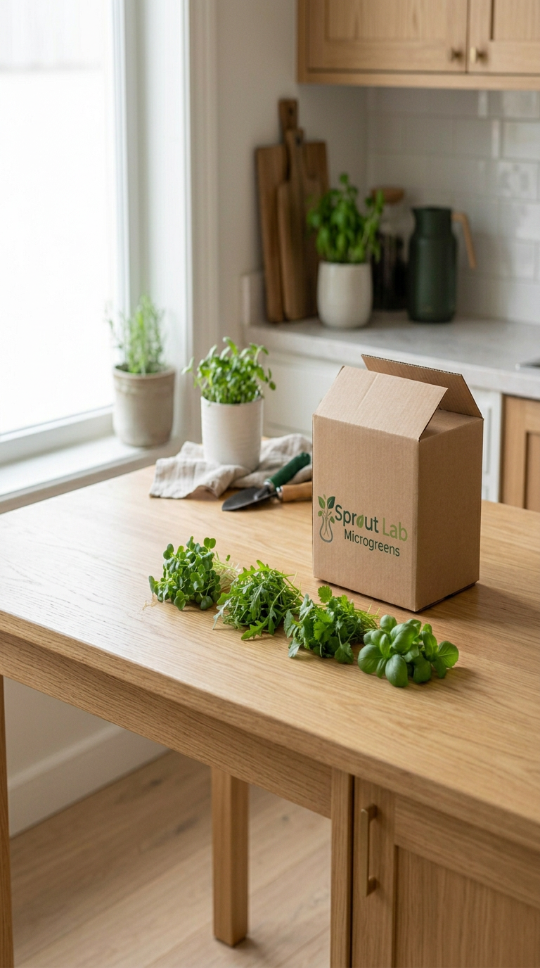 A kitchen countertop with a cardboard box labeled 'Sprout Lab Microgreens,' young microgreens, a trowel, and a glass of water, with plants on a windowsill and cutting boards in the background.