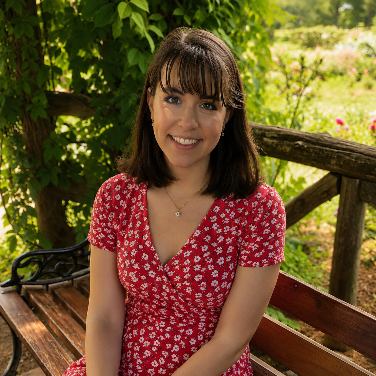 A young woman with dark brown hair, wearing a red dress with white floral print, sitting on a wooden bench in a garden with green foliage and pink flowers in the background, smiling at the camera.