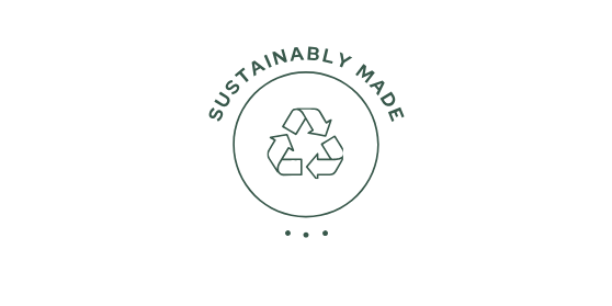 Sustainable and eco-friendly circular logo with recycling arrows and the words "Sustainably Made" around it.