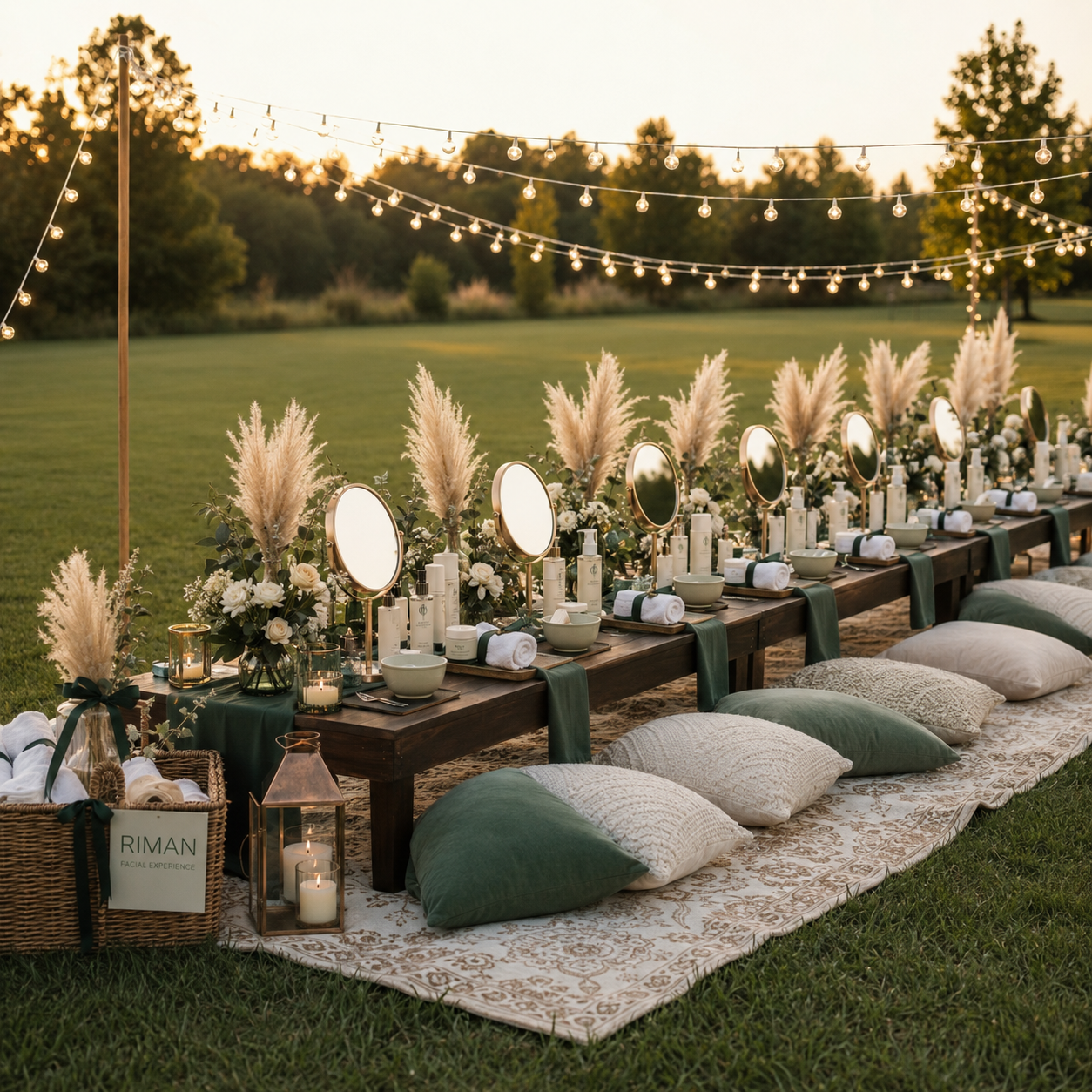 An outdoor dining setup on the grass with a long wooden table decorated with white flowers, pampas grass, candles, and magnifying mirrors, arranged for a special event during sunset, with string lights overhead and cushions on woven rugs for seating.